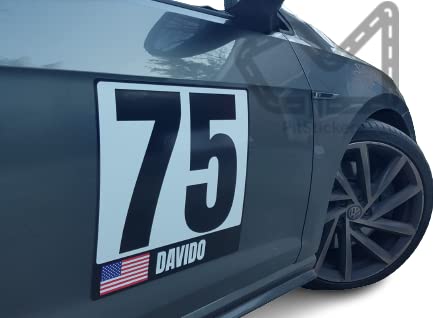 Race Car Number Plate Vinyl Decal - Custom Driver Name & Flag - 10 Inch Reusable Magnetic or Permanent Sticker for NASCAR, Track Days & Car Shows - Perfect for Motorsport Enthusiasts & Vehicle Personalization