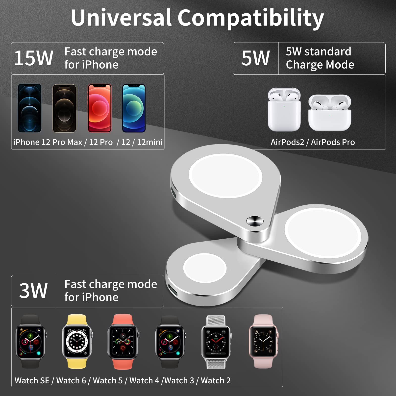 3 in 1 Detachable Magnetic Wireless Charger Stand - 15W Fast Charging Station for iPhone 13/12/11, Apple Watch SE/6/5/4/3/2 & AirPods Pro/2 (Silver) | Foldable Design for Nightstand, Office & Travel Use