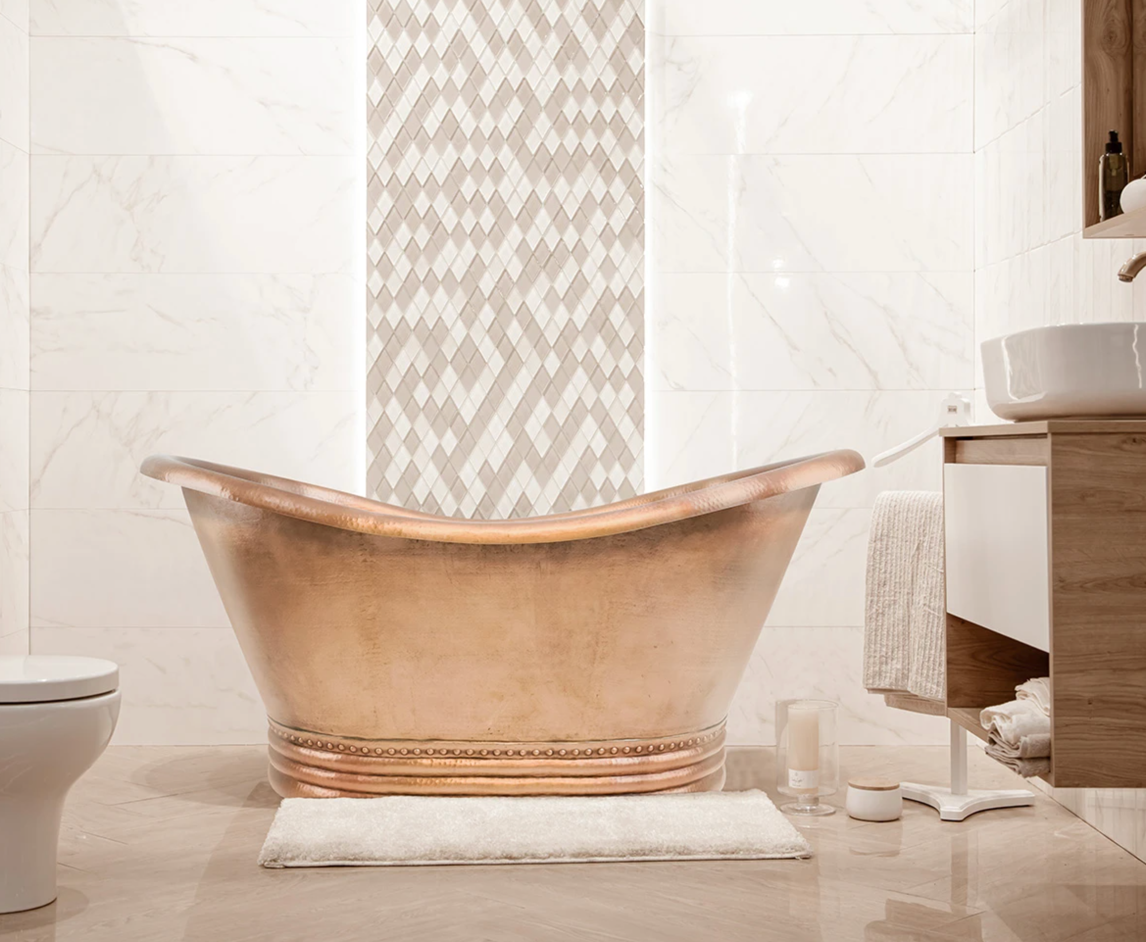 Premium Double Slipper Hammered Copper Bathtub - Handcrafted Freestanding Soaking Tub for Luxury Bathroom & Spa Relaxation