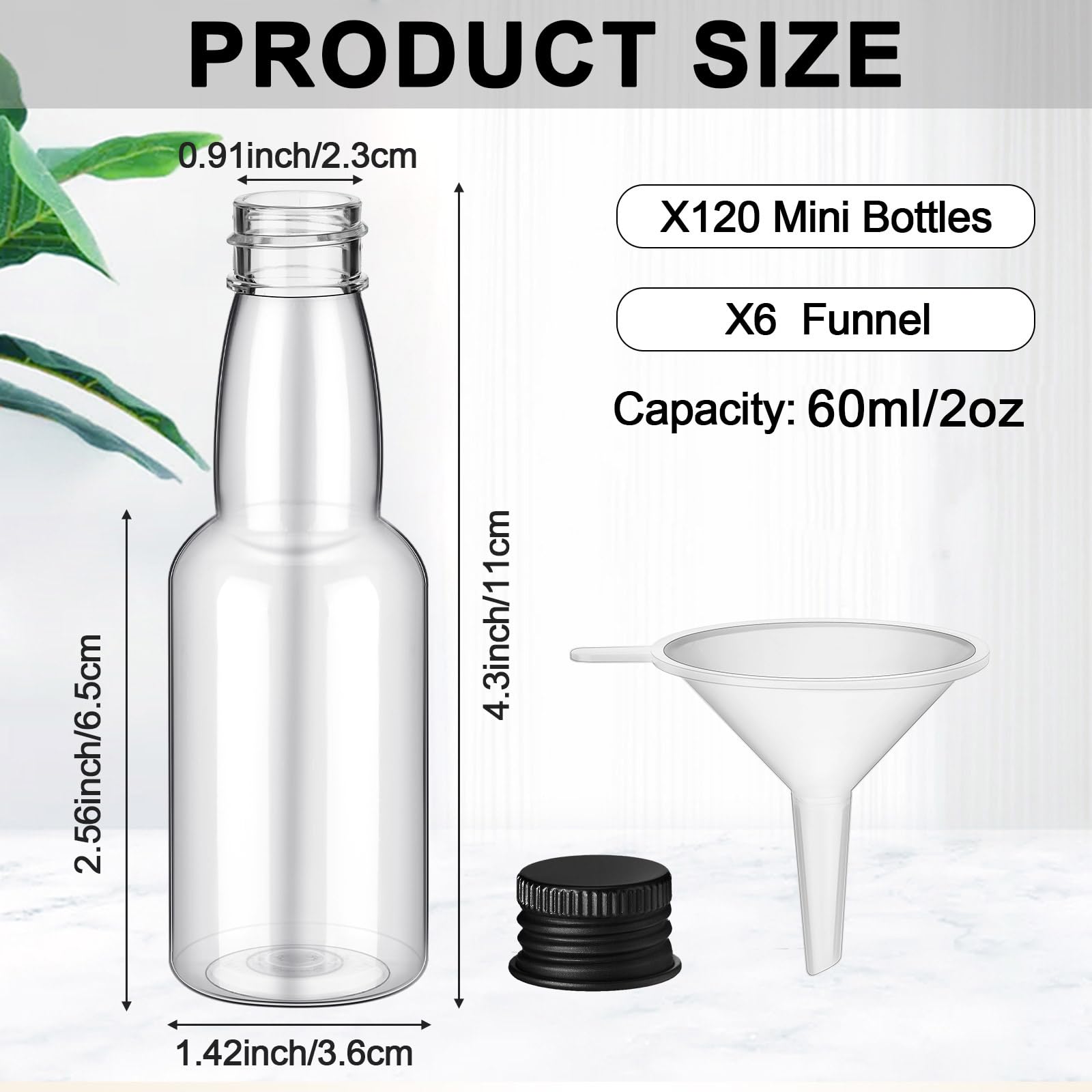 120 Pcs 2 oz Mini Liquor Bottles - Airtight Empty Plastic Shot Bottles with Funnels for Whiskey, Vodka & Cocktails - Perfect for Party Favors, Weddings, DIY Gifts & Home Bar Accessories (Black)