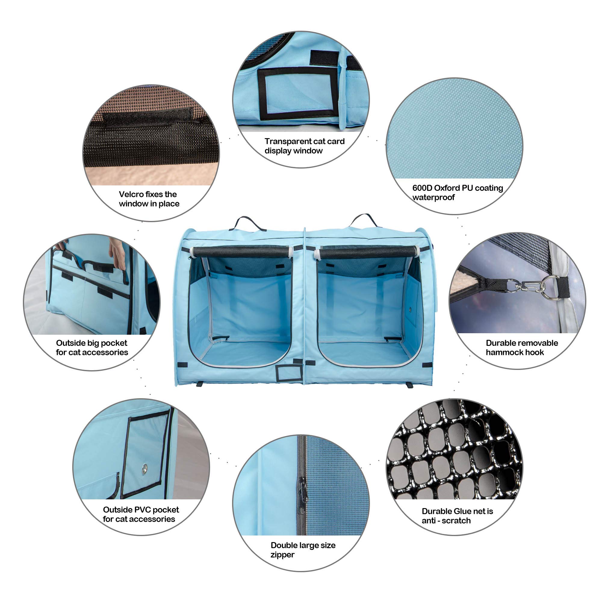 Mispace Portable Twin Compartment Cat Cage & Dog Kennel - Foldable Pet Carrier with Carry Bag, 2 Hammocks, Mats & Litter Box - Ideal for Travel, Home & Vet Visits - Comfortable Puppy Crate for Small Dogs & Cats