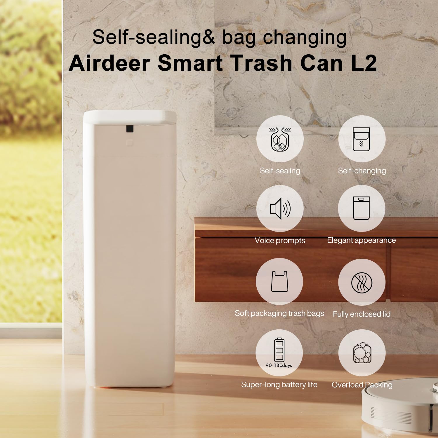 Automatic Trash Can 8 Gallon - Self Sealing Smart Motion Sensor Garbage Bin with Lid - Touchless Self-Changing Wastebasket for Kitchen, Bathroom, Bedroom & Office - Includes 6 Refill Rings (White, L2) - Perfect for Hygienic Home & Commercial Spaces