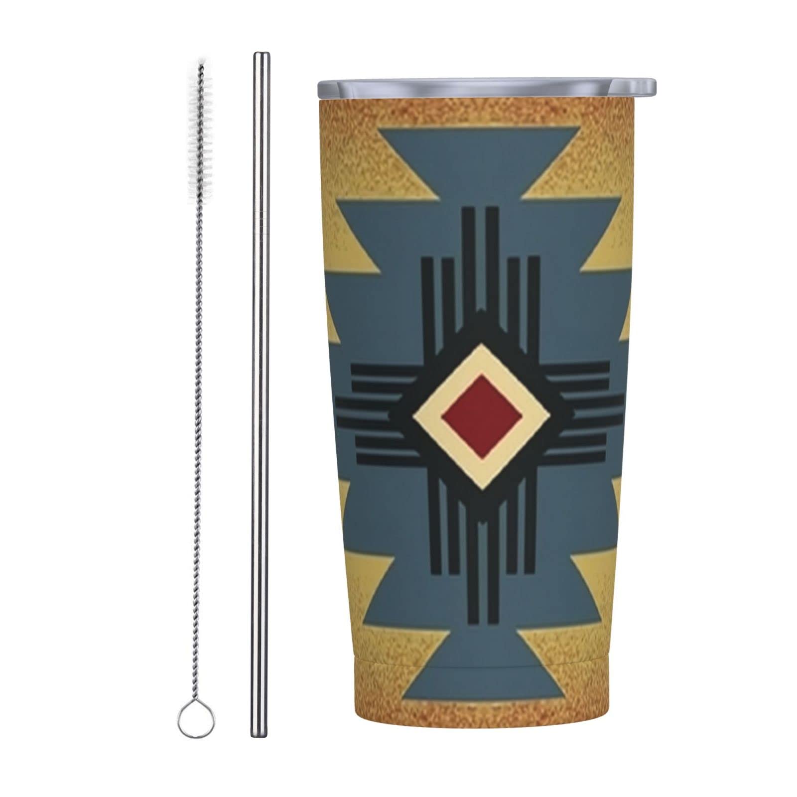 Spill Proof 20oz Stainless Steel Coffee Tumbler with Straw - Native American Saddle Blanket Pattern Vacuum Insulated Travel Mug for Hot & Cold Drinks | Reusable Tea, Milk, Water Cup | Perfect Gift for Men & Women | Office, Camping, Commute, Gym Use