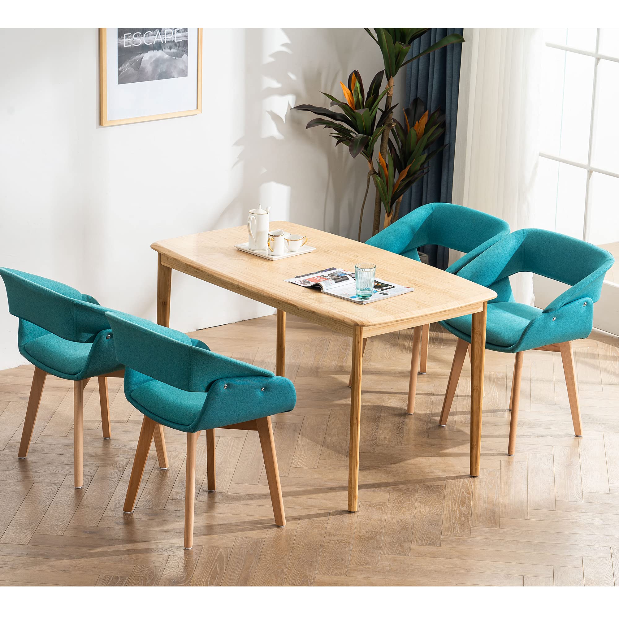Mid-Century Modern Dining Chairs Set of 2 - Upholstered Accent Armchairs with Solid Wood Legs & Linen Fabric for Living Room, Dining Room, Guest Seating (Teal Blue with Cushions Included) - Perfect for Home Decor, Dinner Parties, and Cozy Reading Nooks
