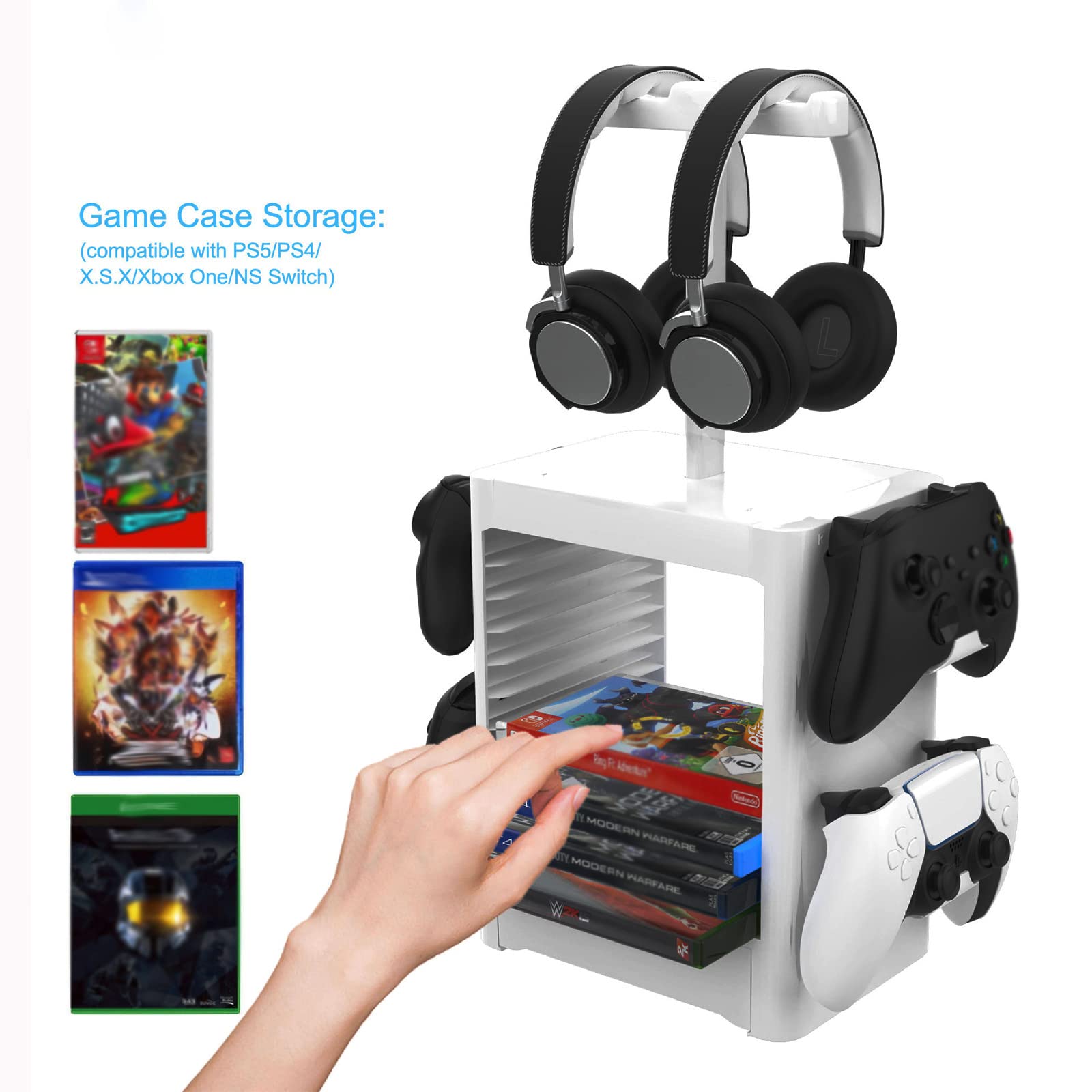 HUAYUWA Game Storage Tower (Gray) for Sony PlayStation 5, Multi-Functional Controller & Headset Holder - Compatible with PS5/PS4/Xbox One/Nintendo Switch - Perfect for Gaming Setup & Accessory Organization