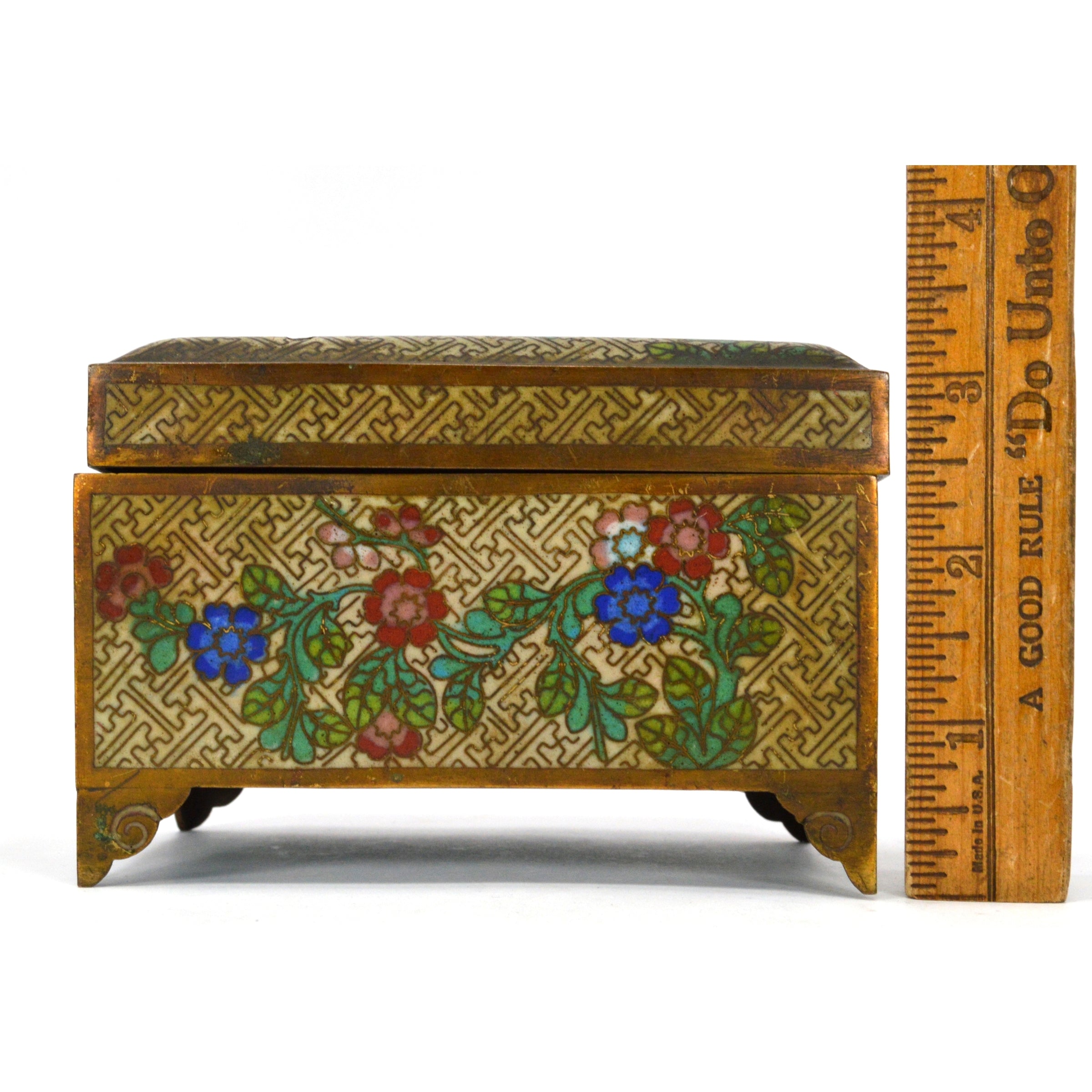 Antique Cloisonne Hinged Jewelry Box with Floral Design - 3x5x3 Inches - Brass/Bronze Footed Trinket Box for Home Decor, Gift, or Storage | Perfect for Jewelry, Keepsakes, and Collectibles