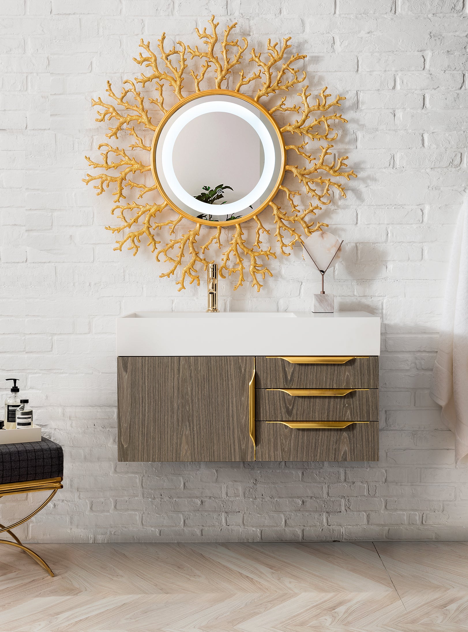 Mercer Island 36 Inch Single Bathroom Vanity in Ash Gray with Radiant Gold Accents and Glossy White Composite Top - Perfect for Modern Master Bathrooms and Powder Rooms