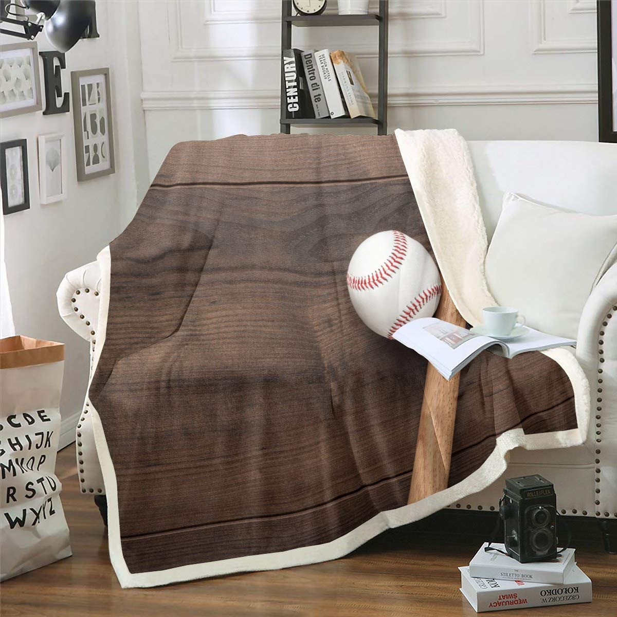 Feelyou 3D Baseball Bat Pattern Sherpa Fleece Blanket - Soft Wood Grain Plush Throw for Sofa, Couch & Bed - Sports Theme Room Decor - Twin Size 60