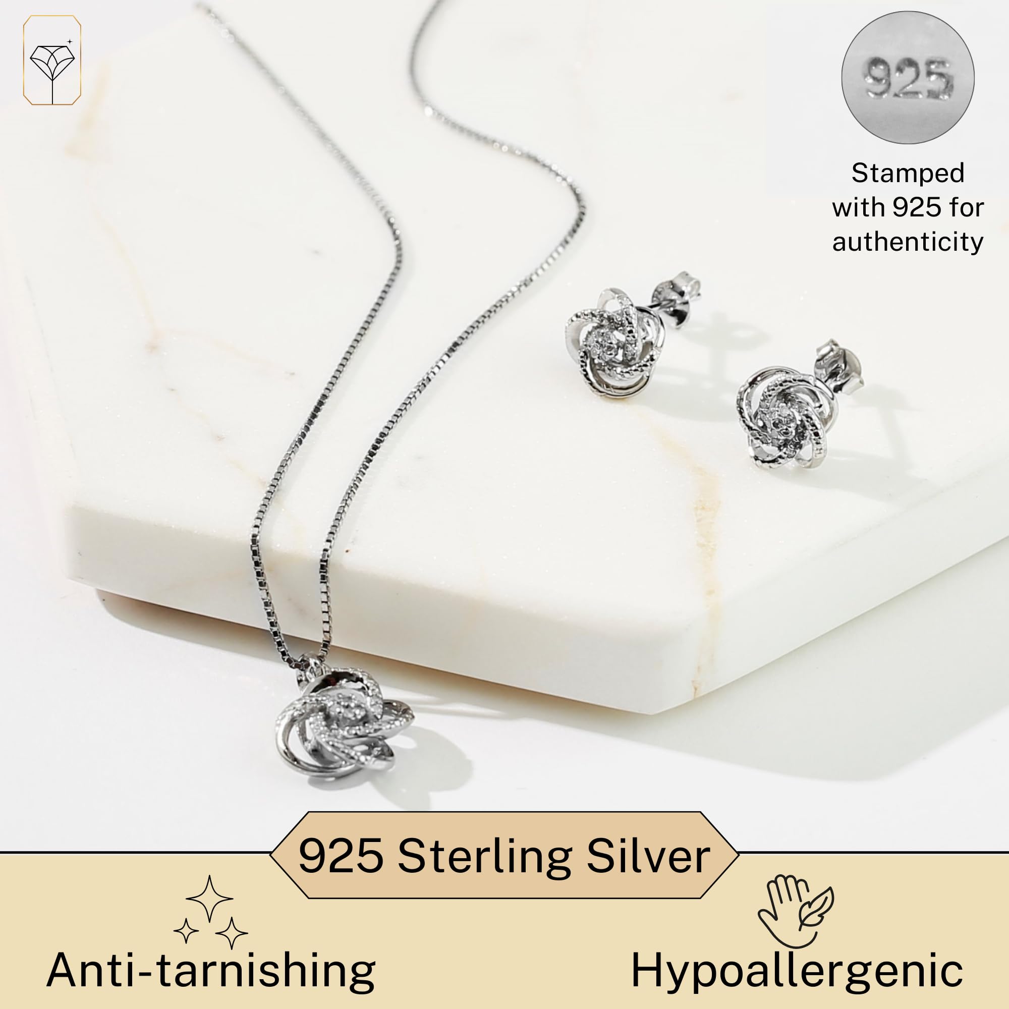 MAX & STONE 1/4 Carat Natural Diamond Love Knot Stud Earrings & Pendant Necklace Set for Women - 925 Sterling Silver Jewelry (I2-I3 Clarity, 0.25 ct.tw) - Perfect for Valentine's Day, Anniversary & Romantic Gifts