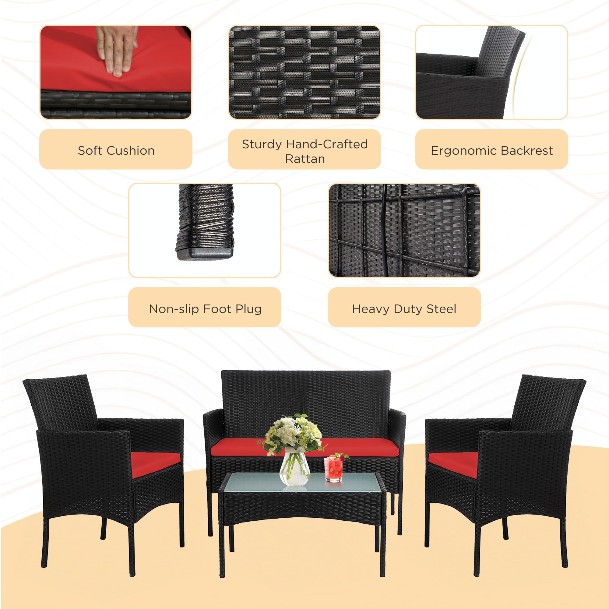 PROHIKER 4-Piece Outdoor Wicker Patio Furniture Set with Cushions & Glass Table - Rattan Sofa & Chairs for Garden, Poolside, Backyard or Yard - Black/Red - Perfect for Relaxing, Entertaining & Outdoor Dining