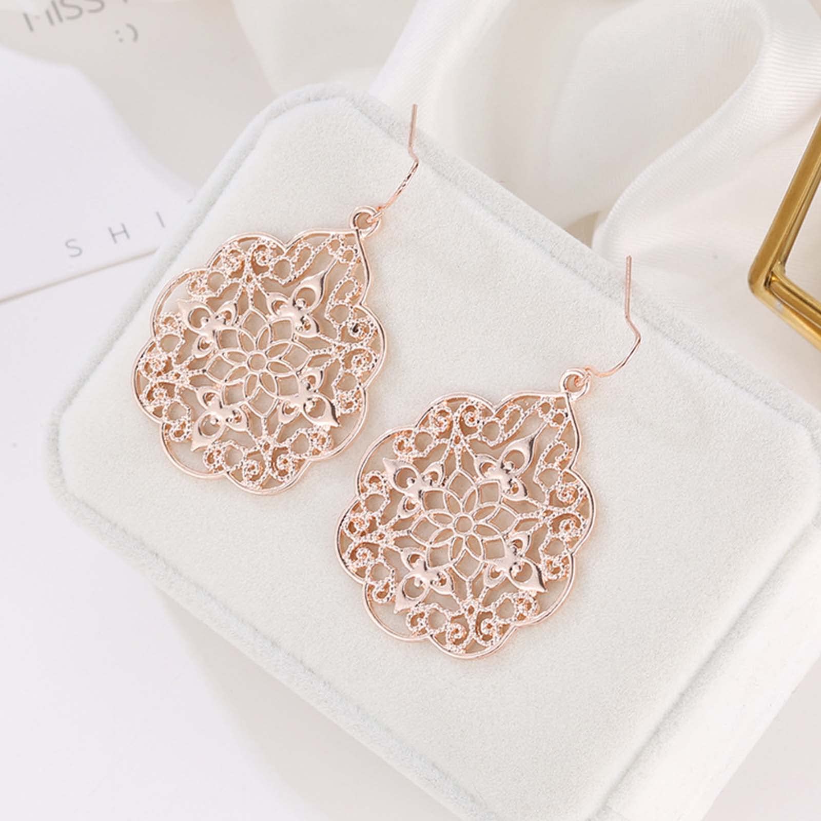 Boho Large Filigree Hoop Drop Dangle Earrings - Vintage Tribal Hollow Carved Rose Gold Gypsy Geometric Floral Statement Jewelry for Women | Wedding, Prom, Party, Festival & Everyday Wear