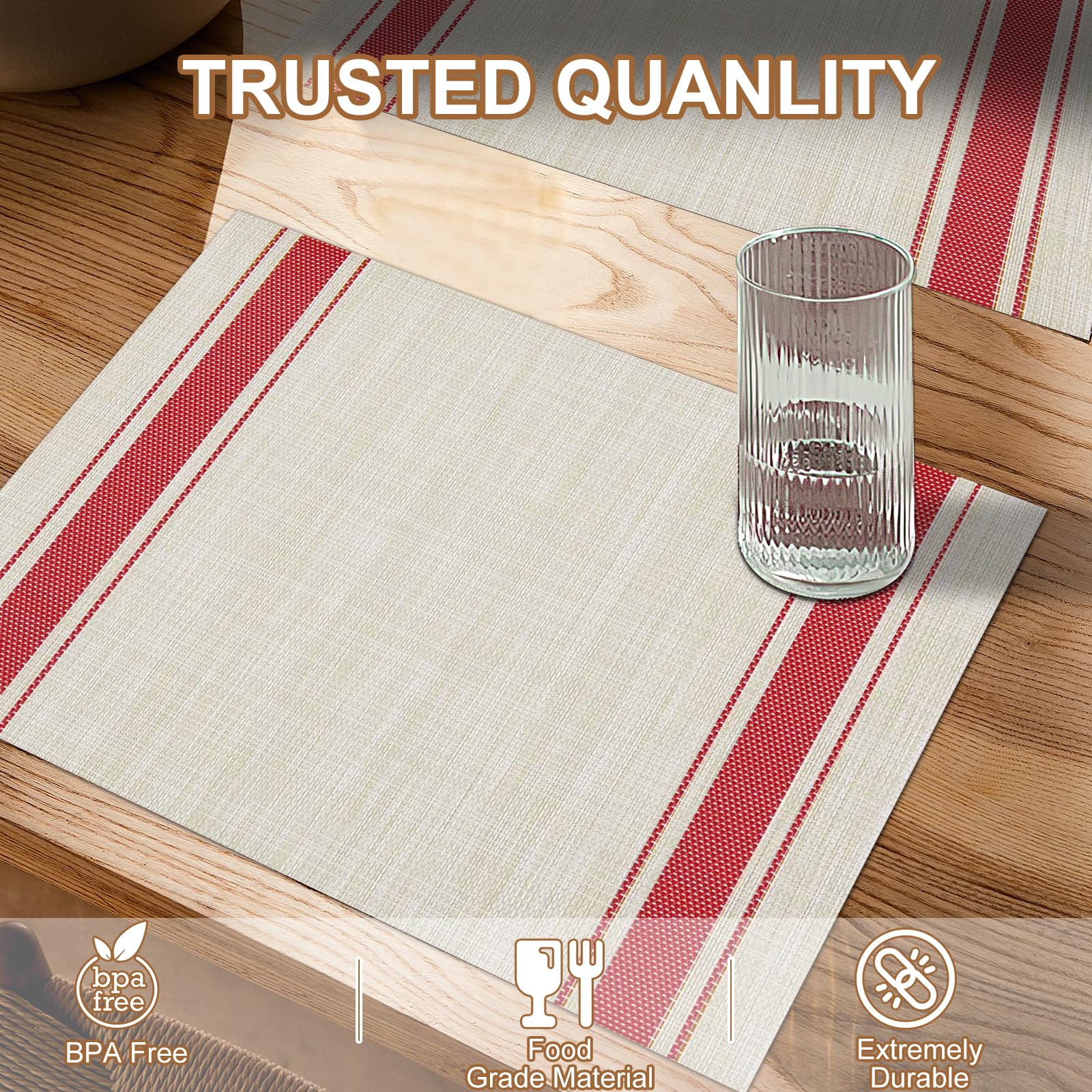 Boho Woven Placemats Set of 6 - Waterproof Vinyl Table Mats for Dining, Indoor & Outdoor Use - Red Lines Design for Kitchen, Patio, and Party Decor