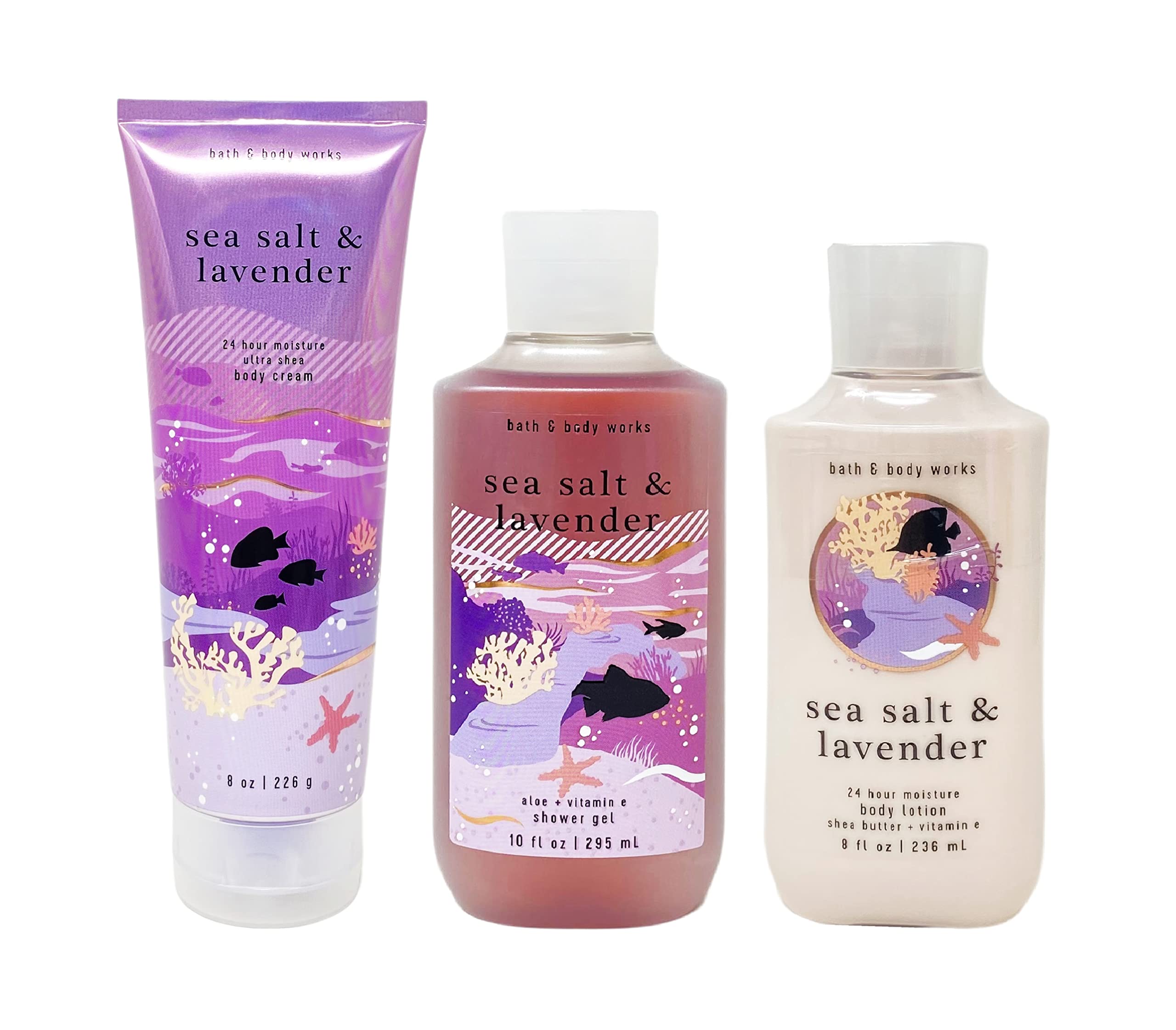 Bath & Body Works Sea Salt & Lavender 3-Piece Gift Set - Full Size Body Cream, Lotion & Shower Gel for Relaxing Spa & Self Care at Home