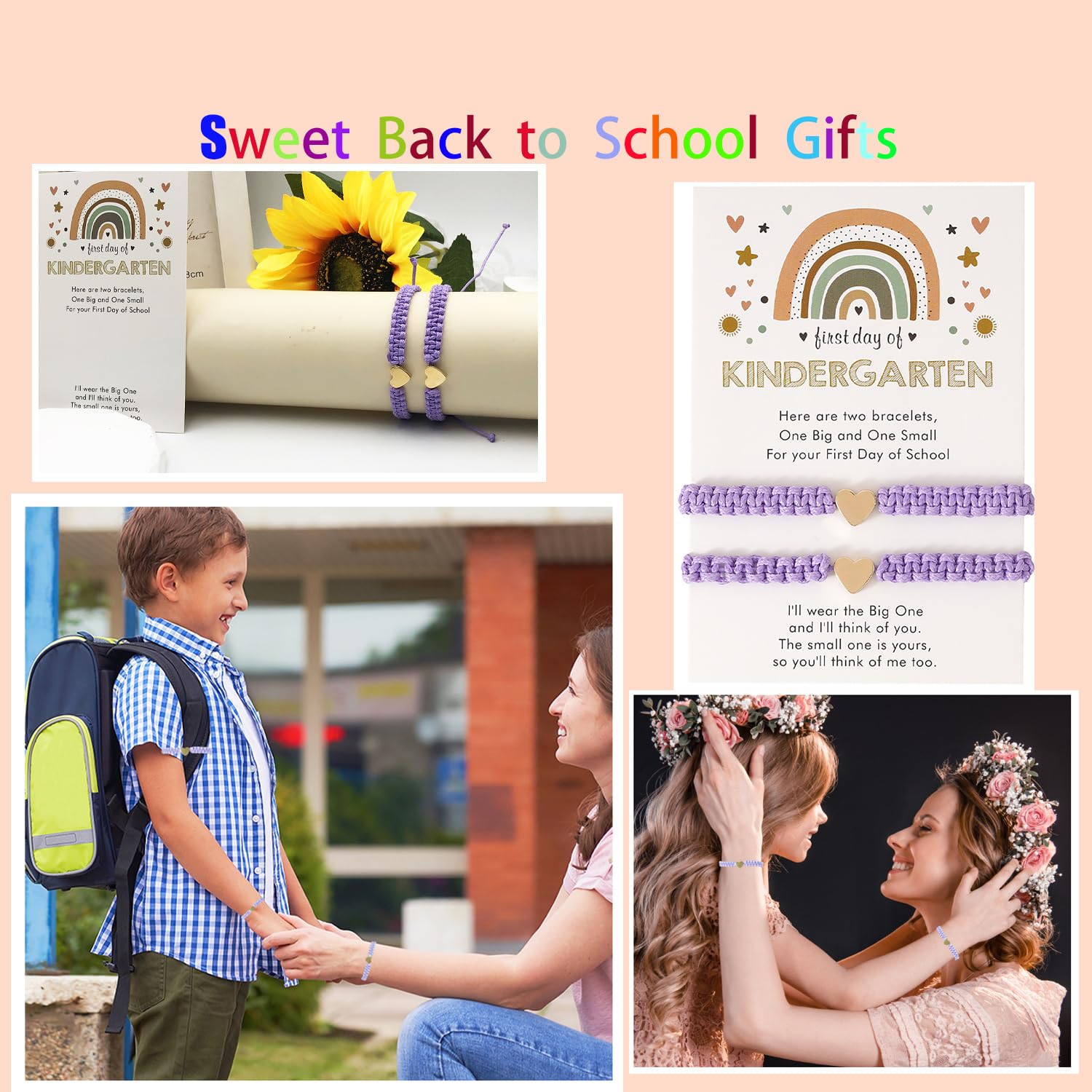 First Day of Kindergarten Bracelets for Mom and Daughter - Adjustable Matching Heart Wish Bracelets - Back to School Gift for Pre-K & Elementary Students - Perfect for First Day Photos, Teacher Appreciation & Milestone Celebrations
