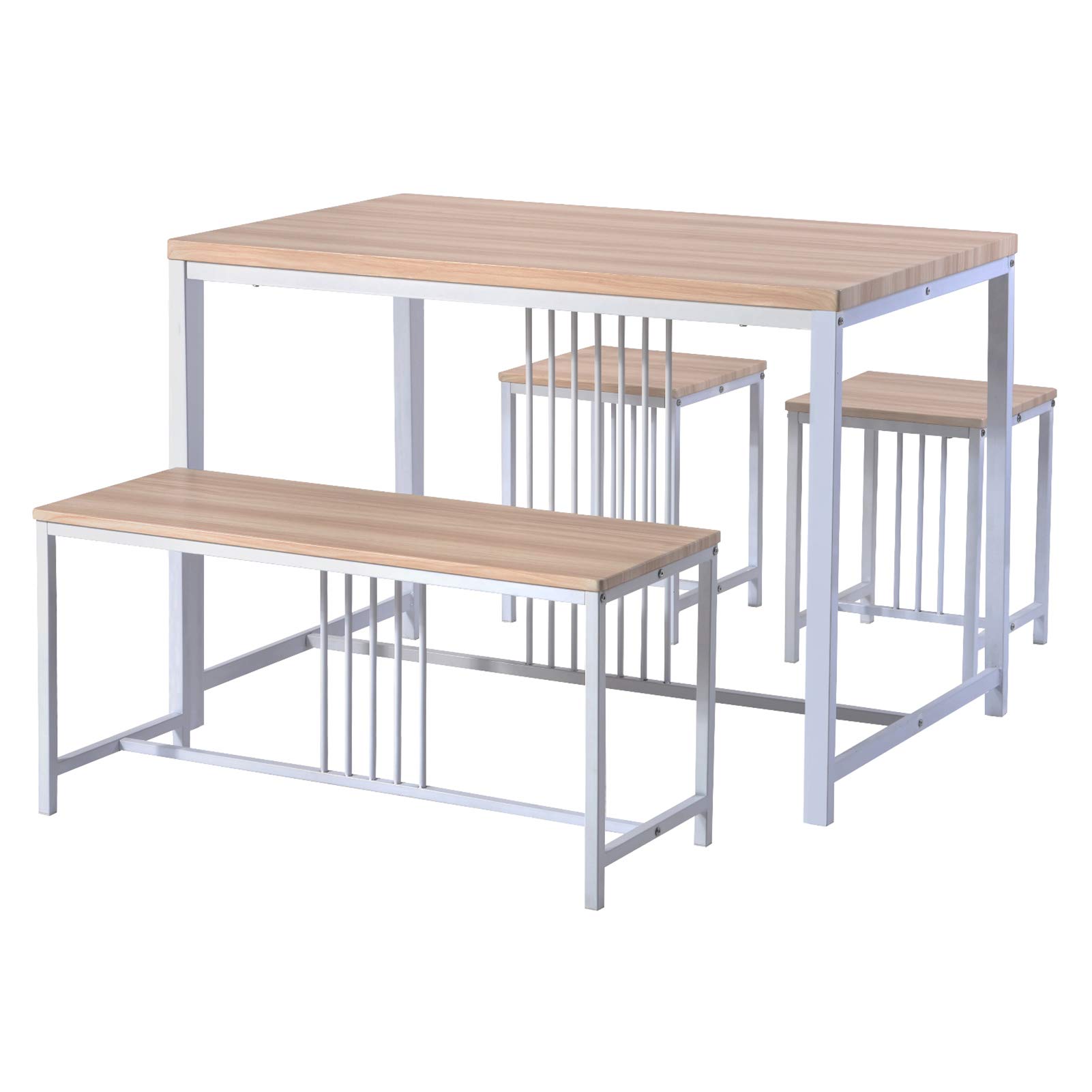 JENPECH 4-Piece Wooden Dining Room Set with Metal Frame - Kitchen Table & 2 Chairs + Bench - Rustic Farmhouse Style for Small Spaces | Perfect for Breakfast Nook, Apartment Dining, and Cozy Kitchen