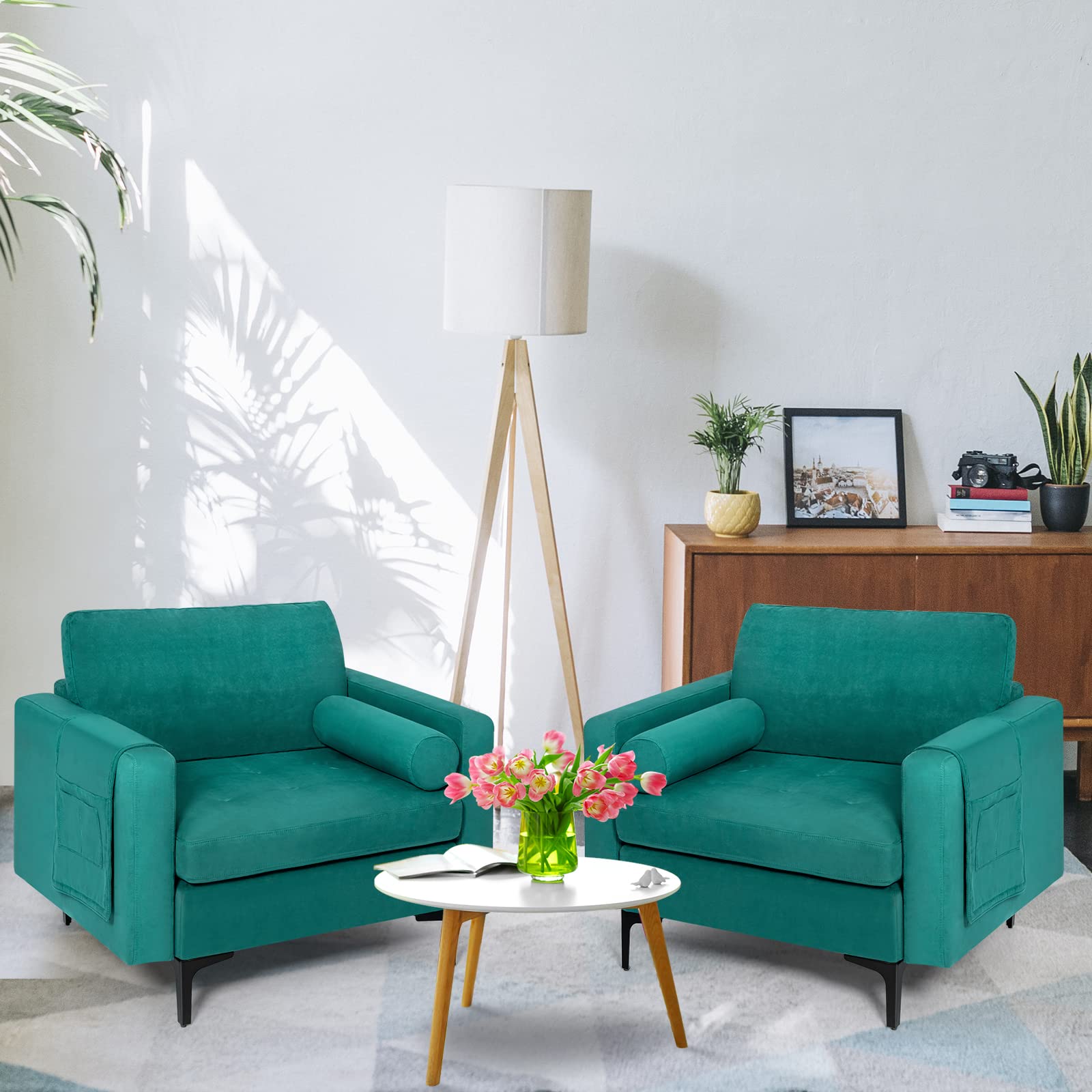 Giantex Set of 2 Single Sofa Chairs with Cushion & Bolster, Upholstered Armchairs with Magazine Pockets - Blue Accent Chairs for Living Room, Bedroom & Reception Area | Perfect for Relaxing, Reading & Small Space Decor
