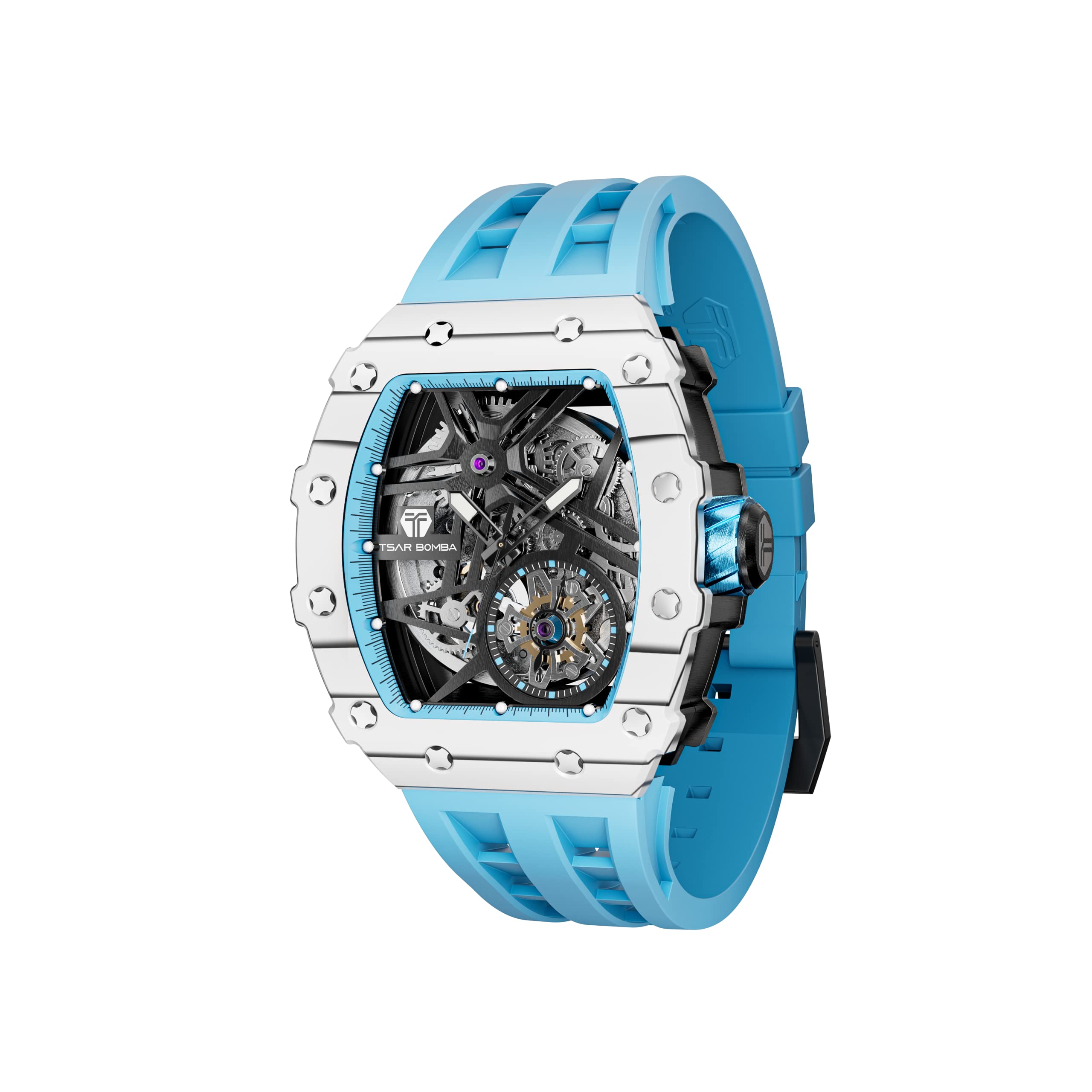 TSAR BOMBA Men's Automatic Skeleton Watch - Luxury Tonneau Design, 50M Waterproof, Silver Square Big Face with Silicone Strap - Perfect for Business, Formal Events & Everyday Wear