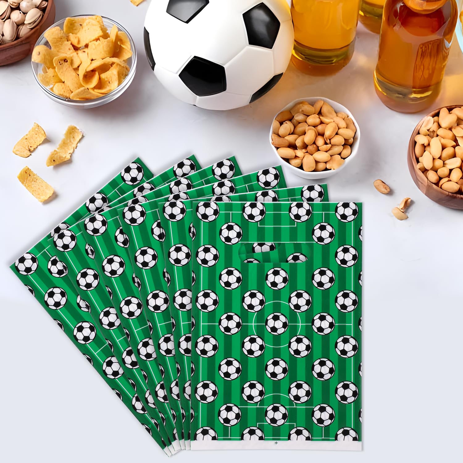 PEUTIER 50pcs Soccer Themed Plastic Party Favor Bags for Snacks, Candy, Treats - Perfect for Team Gifts, Kids Birthday Parties, Sports Events & Game Day Favors - Great for Soccer Tournaments, Youth Sports Awards & Team Celebrations