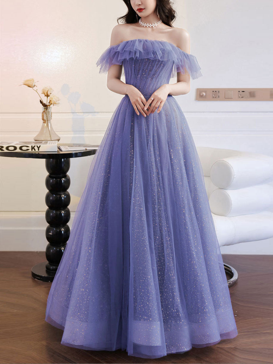 Elegant Purple A-Line Tulle Long Prom Dress - Off Shoulder Formal Gown for Graduation, Homecoming & Special Occasions