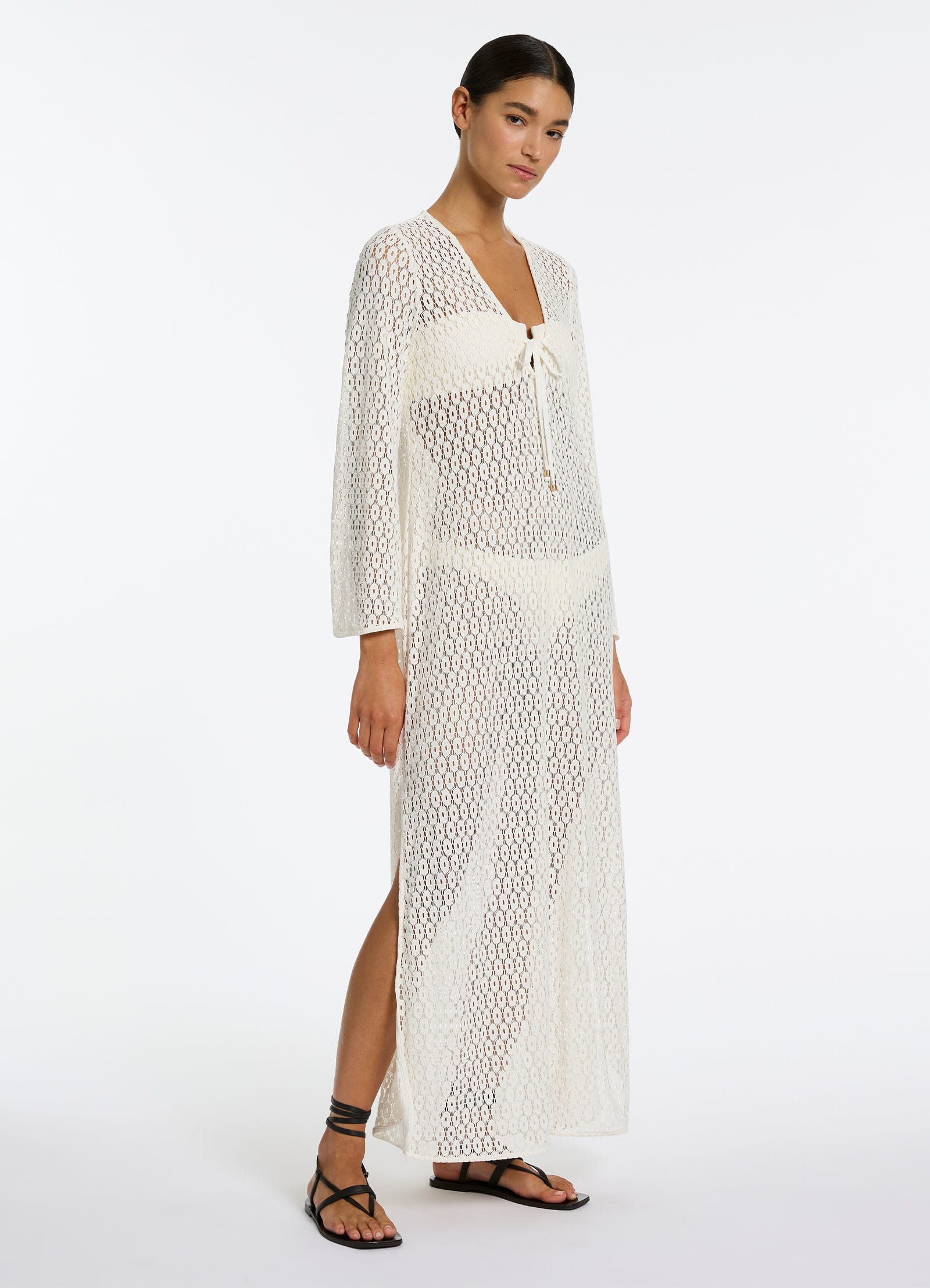 Elegant Stretch Lace Maxi Kaftan Dress - Cream - Boho Beach Cover Up & Summer Party Wear