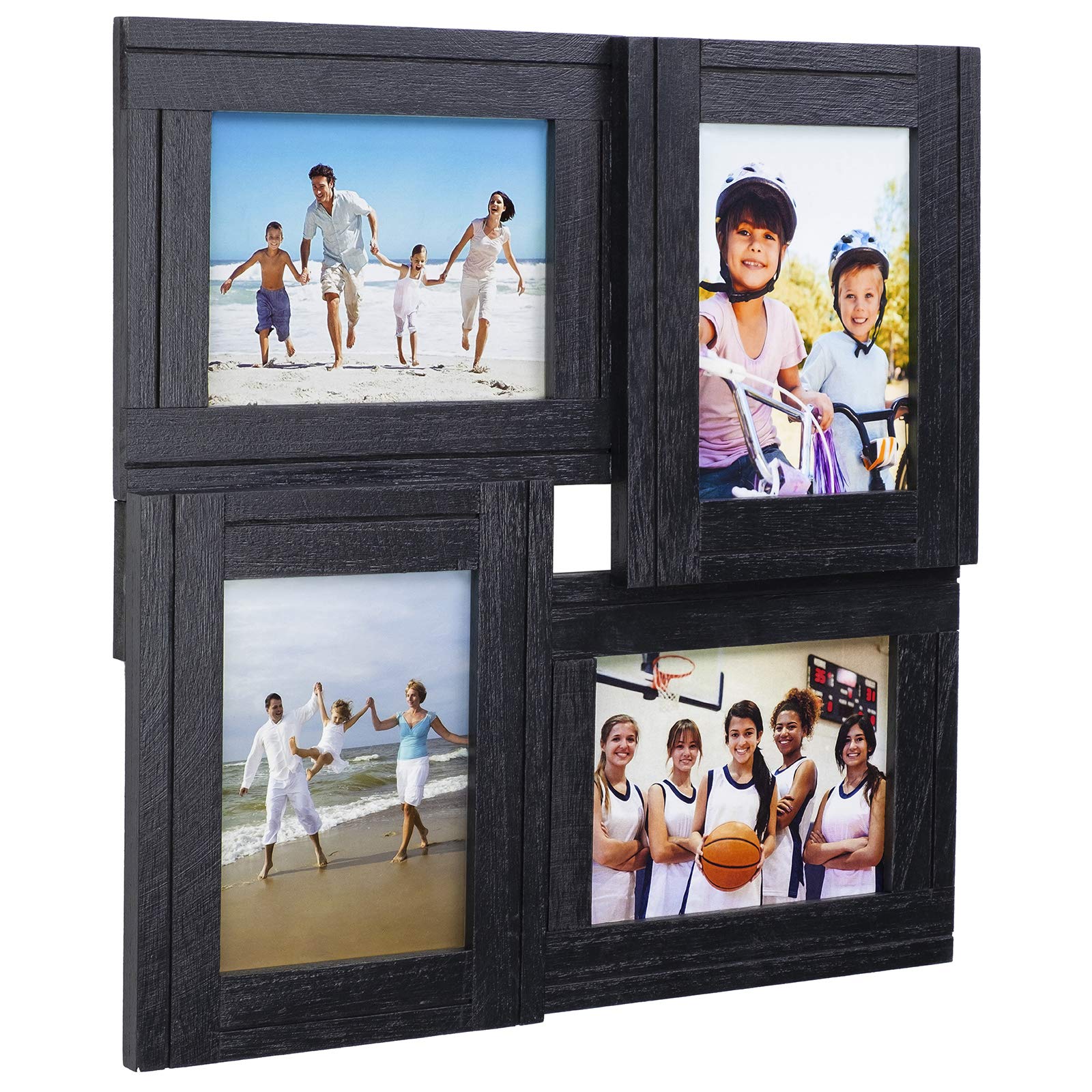 EXCELLO GLOBAL PRODUCTS Rustic Distressed Wood Collage Picture Frame - Holds Four 4x6 Photos - Ready to Hang - Shabby Chic, Driftwood, Barnwood, Farmhouse Style (Black) - Perfect for Living Room, Bedroom, Office Decor & Photo Display