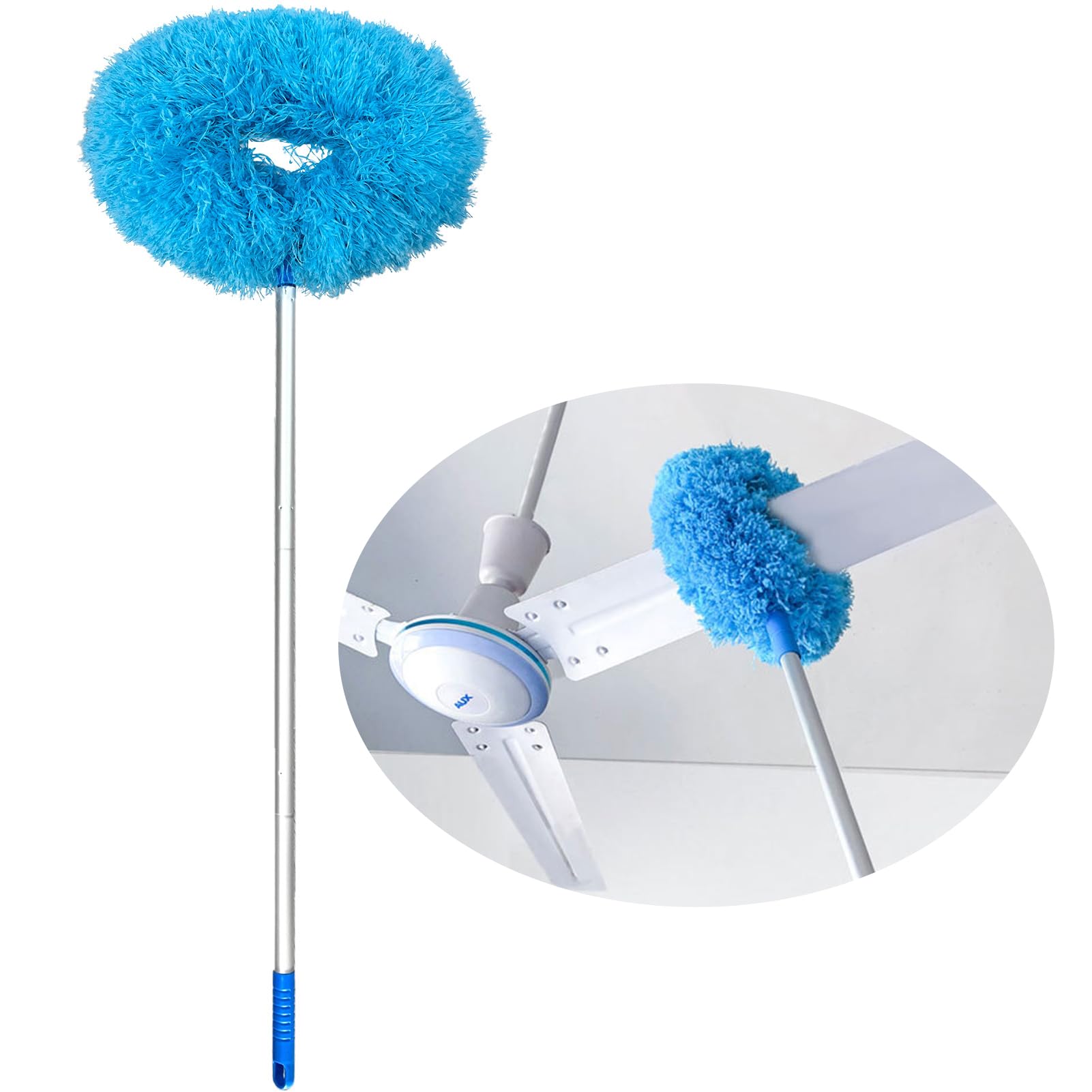 Microfiber Ceiling Fan Duster with Adjustable Extension Handle (13-57.1 in) - Washable & Removable Fuzzy Fan Cleaner for Walls, Doors, Bookshelves & Windows | Perfect for Home, Office & Hard-to-Reach Areas Cleaning - Blue