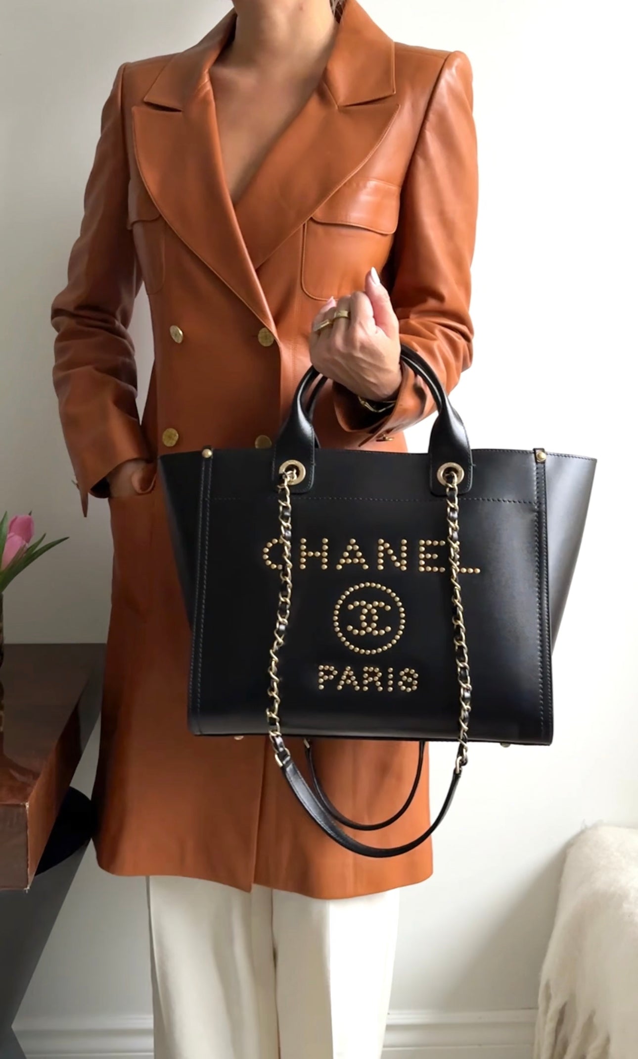 Chanel Black Caviar Leather Stud Deauville Tote Bag - Luxury Designer Handbag for Women, Perfect for Work, Travel & Everyday Use