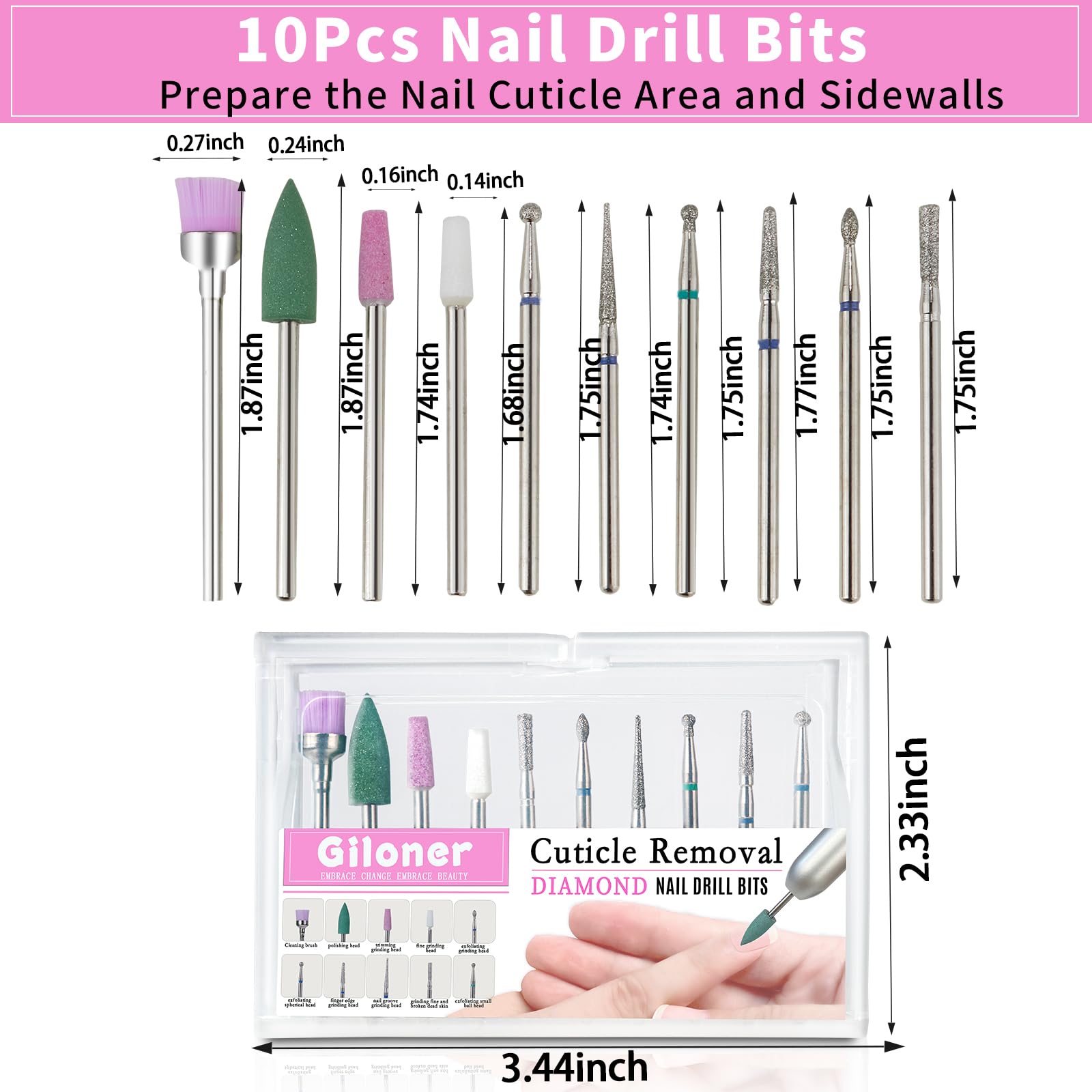 10PCS Professional Nail Drill Bits Set - Diamond & Cuticle Cleaner Bits for 3/32