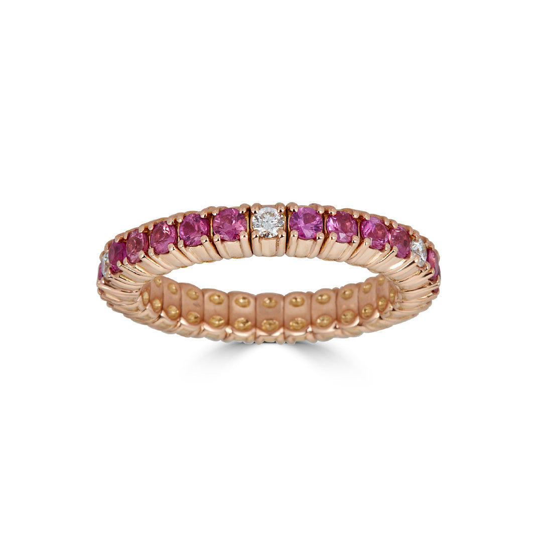 Rose Gold Stretch Eternity Ring with Pink Sapphires - Adjustable Stackable Wedding Band for Women, Perfect for Anniversary, Engagement, and Everyday Elegant Jewelry Gift