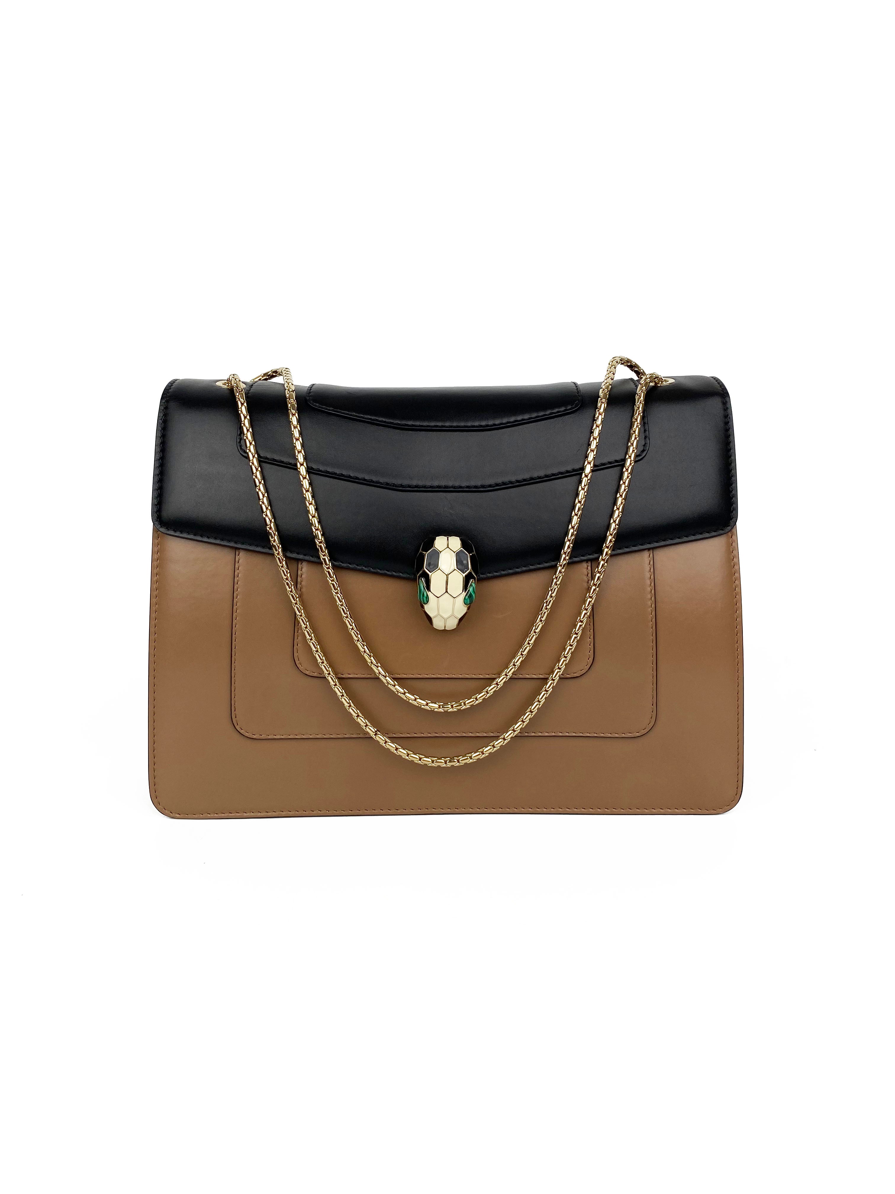 Bvlgari Serpenti Black & Tan Two-Tone Leather Shoulder Bag - Luxury Designer Handbag for Women, Perfect for Evening Events & Parties