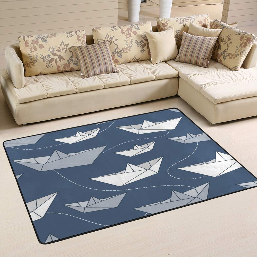 Soft Distressed Large Area Rug for Nursery, Kids Room & Living Room - Absorbent Polyester Floor Mat with Paper Boats Design (2' x 1'57