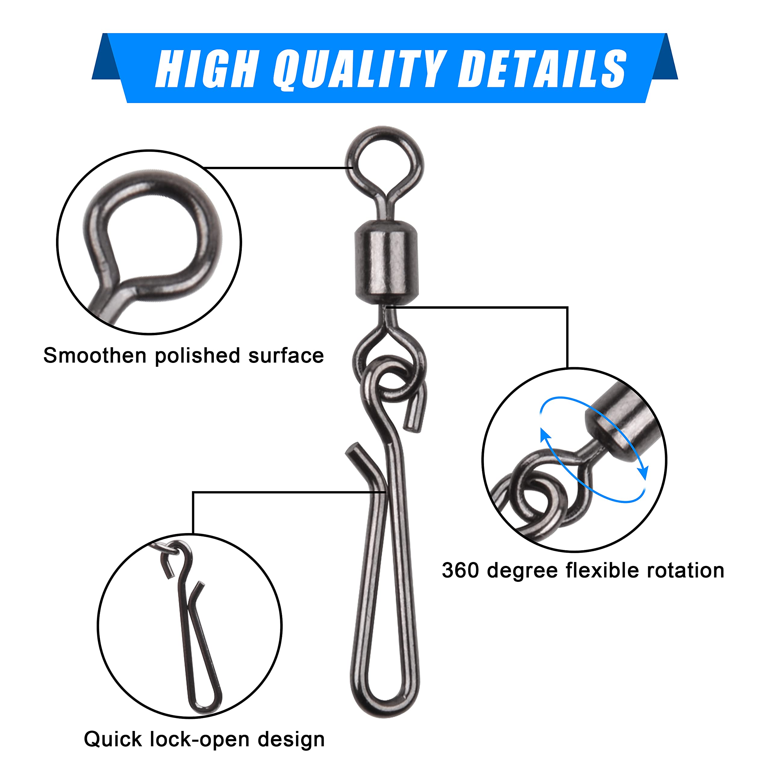 AGOOL 60/200pcs High Strength Fishing Swivels with Quick Clips - Rolling Barrel Swivels & Speed Clips Connector for Freshwater & Saltwater Fishing | Ideal for Bass, Trout, and Offshore Angling