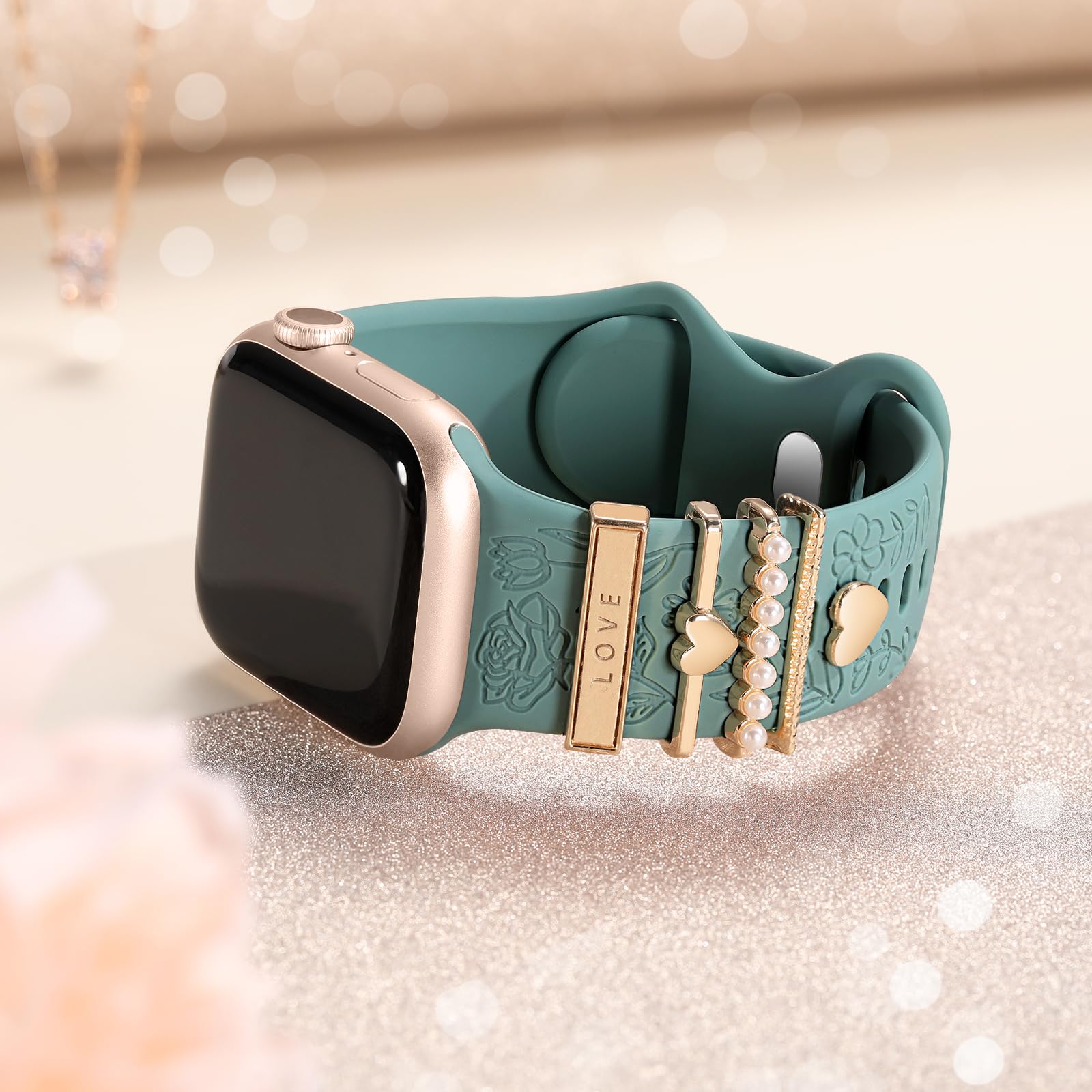 DaQin Floral Engraved Silicone Band Compatible with Apple Watch 38mm 40mm 41mm 42mm 44mm 45mm - Women's Fashion Strap with Charms for iWatch Series SE/1/2/3/4/5/6/7/8/9 - Perfect for Workouts, Office & Everyday Wear