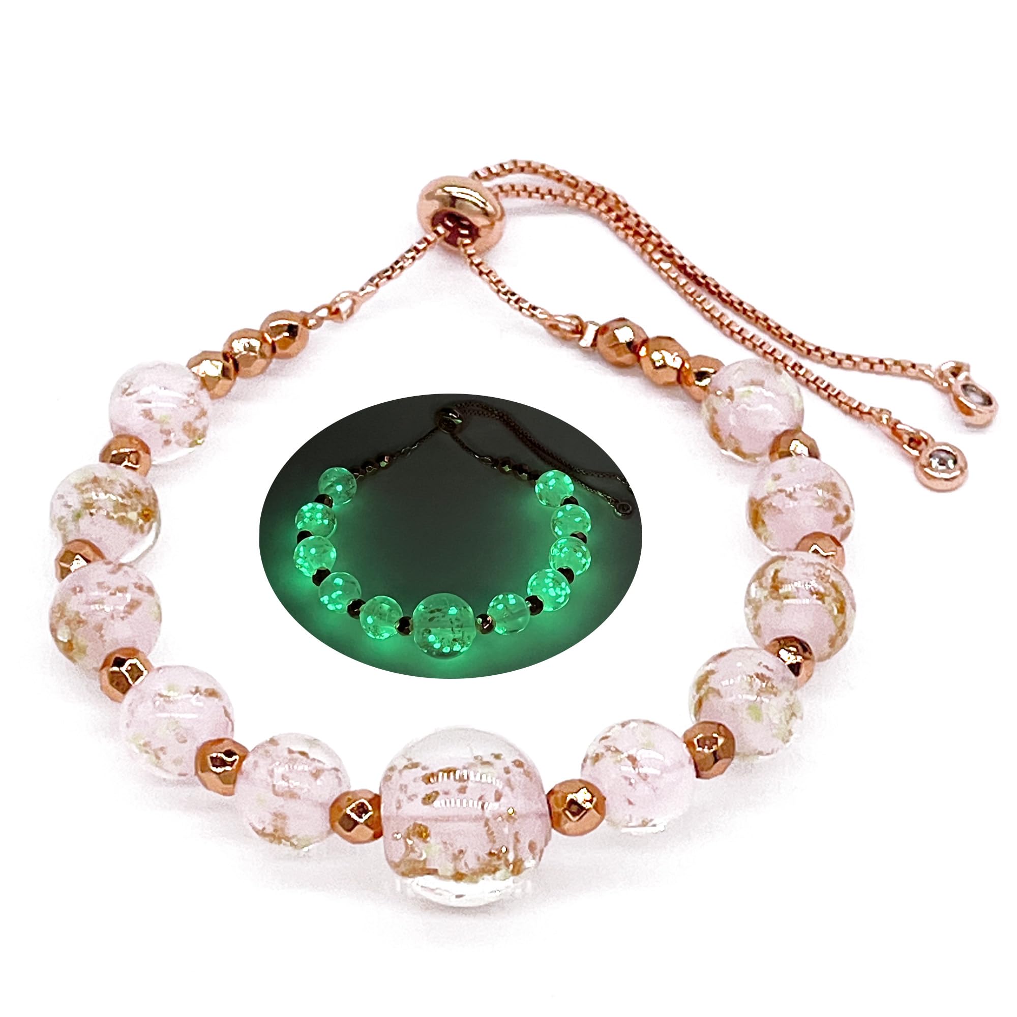 Glow in The Dark Firefly Beads Bracelet & Necklace Set - Murano Glass Beads Jewelry with Crystal Birthstones, Adjustable Slider Chain for Women & Teens - Perfect for Night Parties, Raves, and Festivals