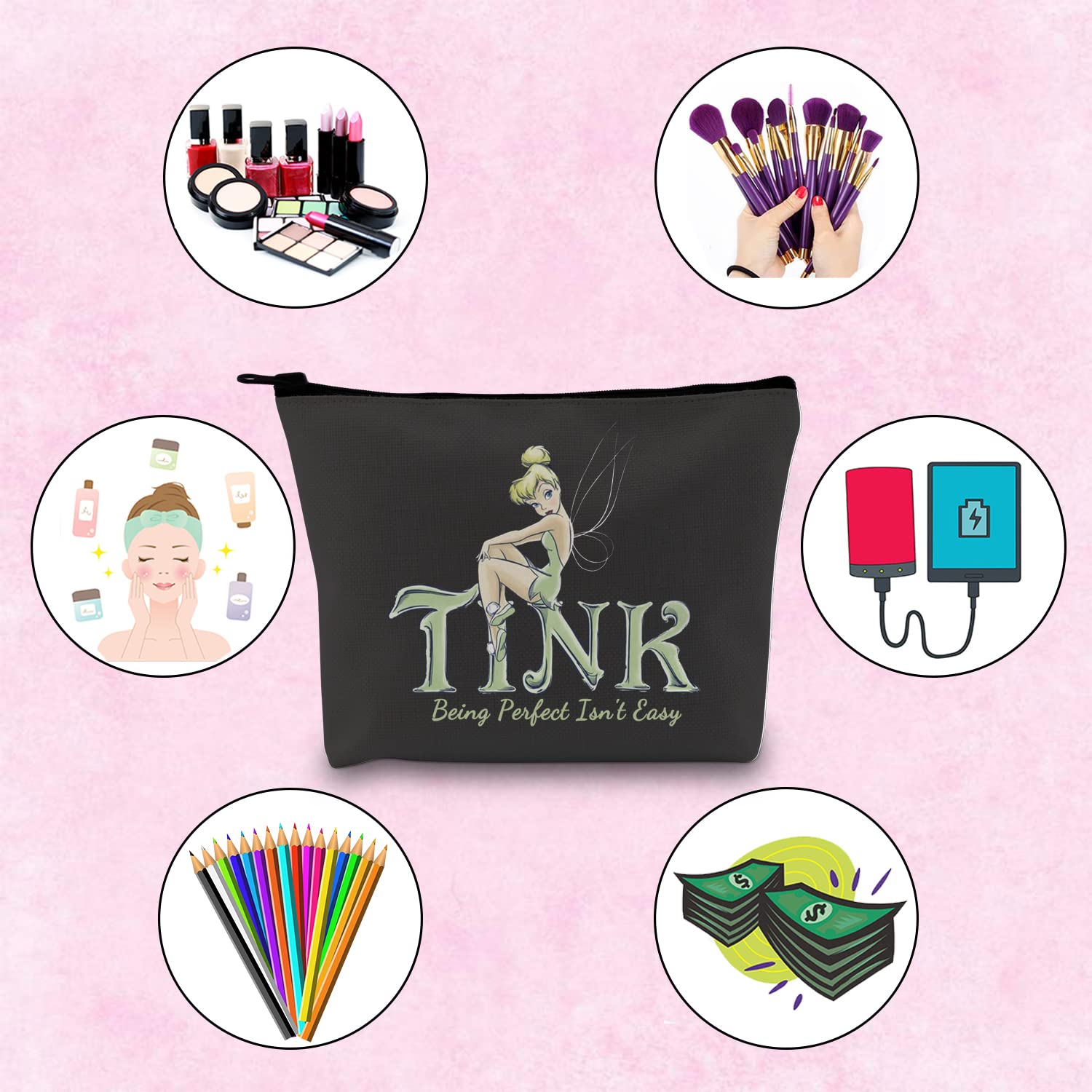 TSOTMO Fairytale Tinker Bell Makeup Bag - 'Being Perfect Isn't Easy' Quote Cosmetic Pouch for Disney Movie Fans - Perfect for Travel, School & Gift Giving