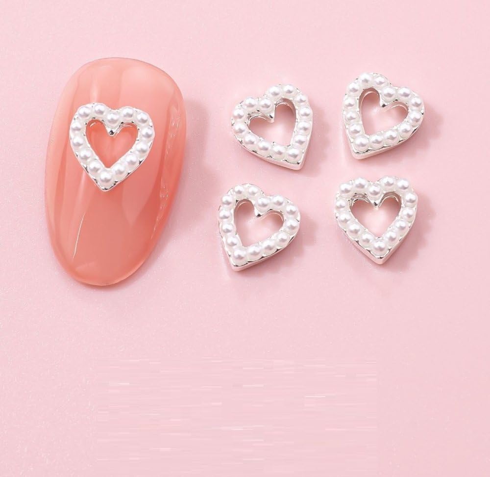20 Pcs Silver Pearl & Heart Nail Art Decorations - 7.5mm×8mm Nail Supplies for DIY Manicure, Bridal Nails, Salon & Home Nail Design Accessories