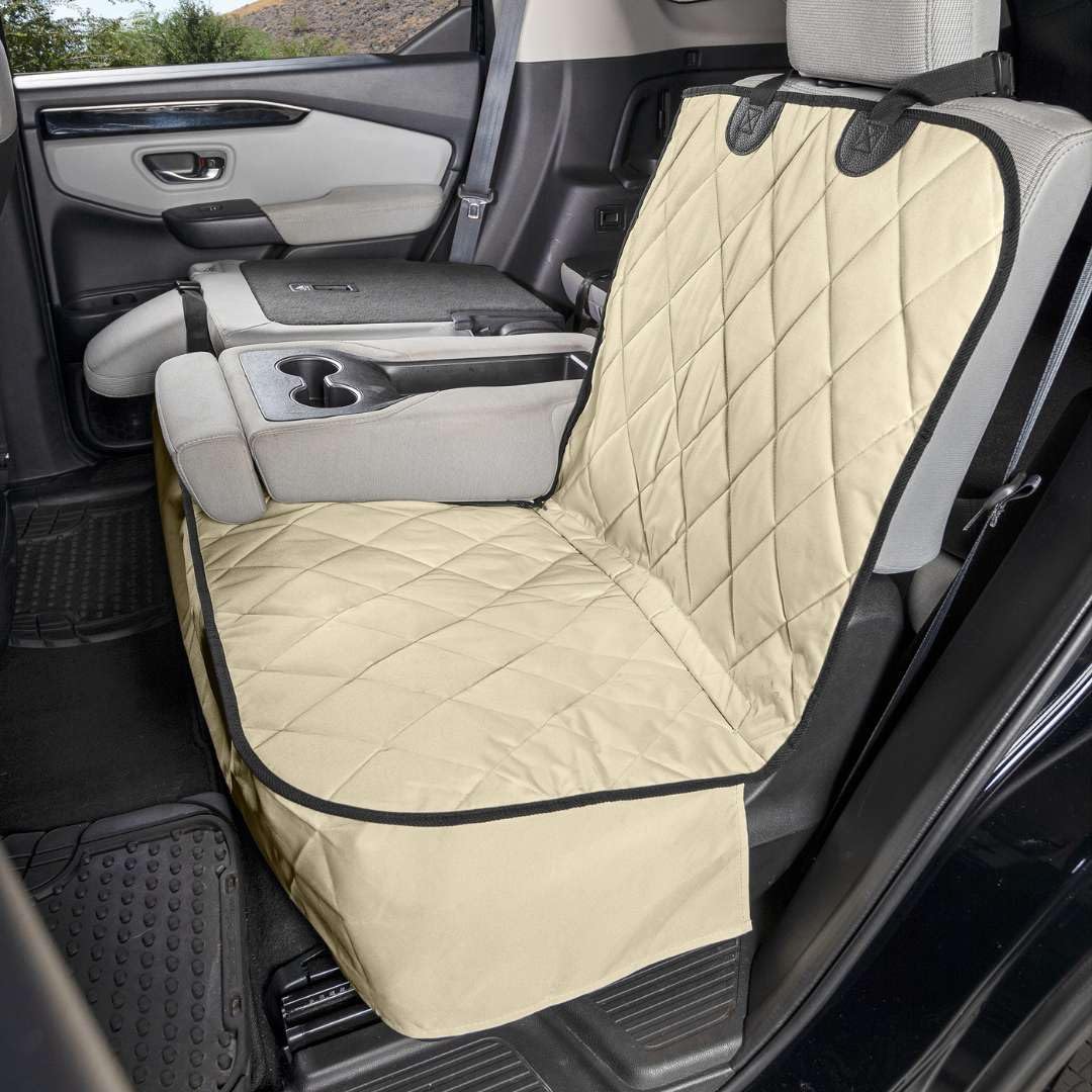 4Knines Heavy Duty Waterproof Dog Seat Cover for Back Seat - Extra Large Tan Pet Car Seat Protector Fits 60/40 Split Bench Trucks, SUVs & Cars | Non-Slip Middle Seat Belt Design | Perfect for Road Trips, Pet Travel & Daily Commutes