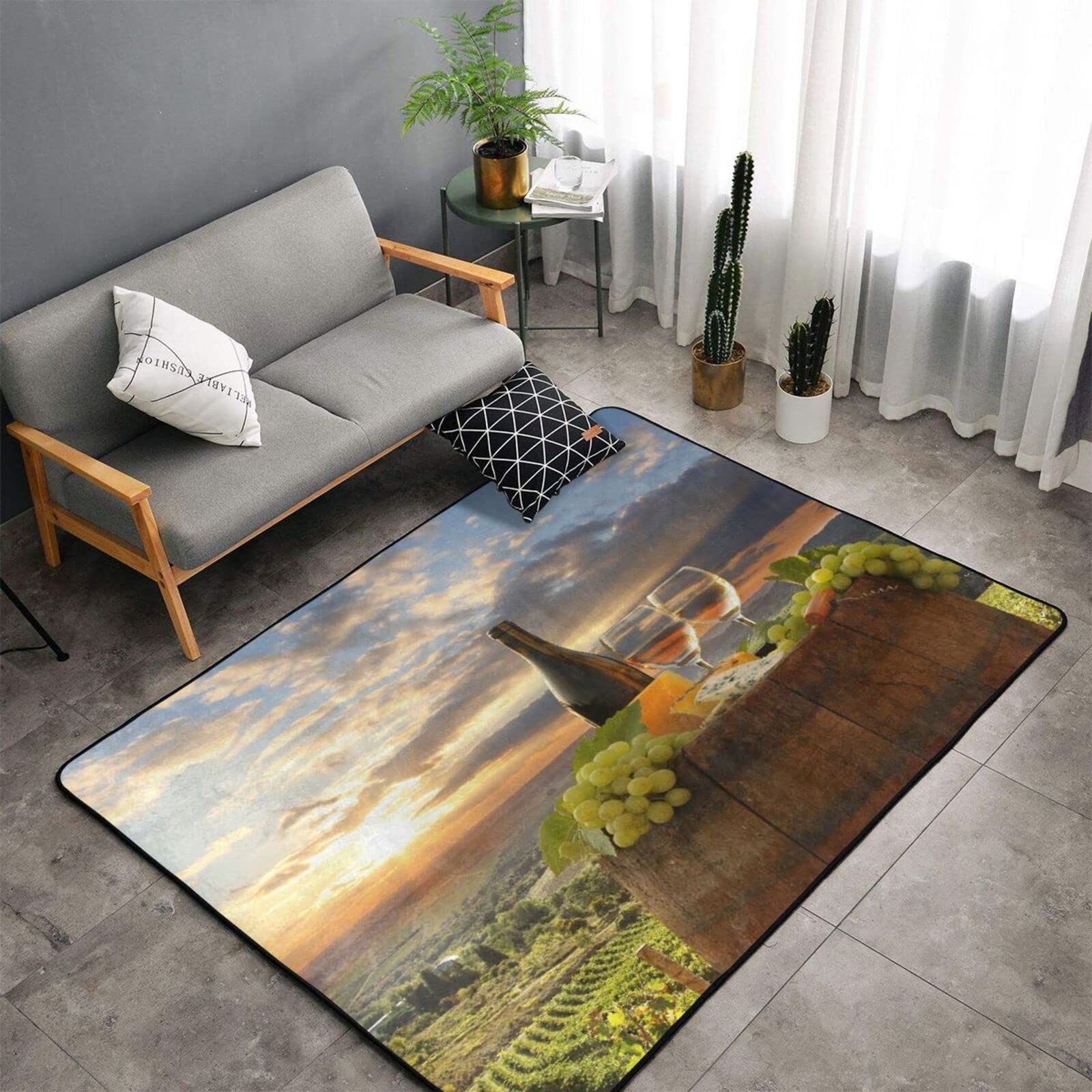 Soft Non-Slip Washable Area Rug 3'x5' - Rustic Vineyard Photography with Grapes, Cheese & Wine Design for Living Room, Bedroom, Kids Room - Perfect for Farmhouse Decor, Cozy Home Accents & Family Gathering Spaces