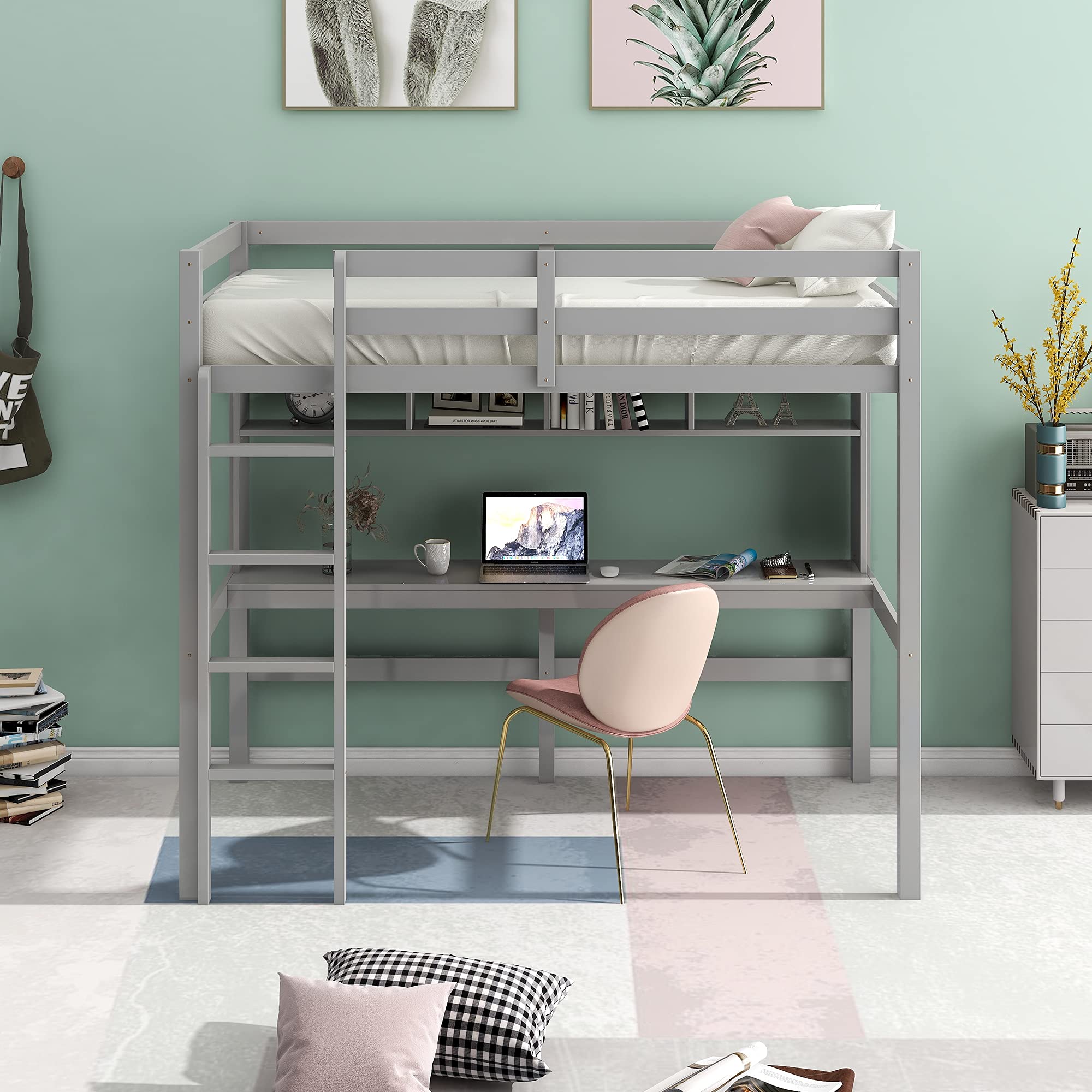 **Wooden Loft Bed with Storage Shelves & Under-Bed Desk - Twin Size, Gray - Full-Length Guardrail & Built-in Ladder - Perfect for Kids, Teens & Adults - Space-Saving Bedroom & Dorm Furniture**