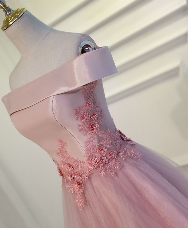 Elegant Pink A-Line Off-Shoulder Knee-Length Prom Dress with Lace Details - Perfect for Homecoming, Prom Night, and Formal Occasions