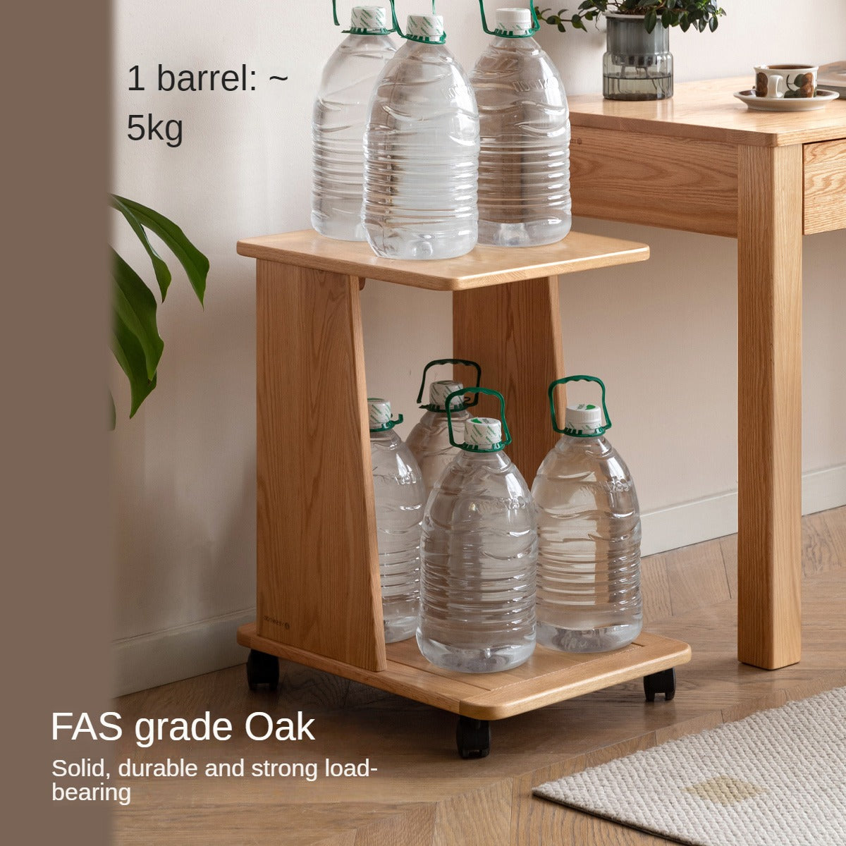 Solid Oak Wood Rolling Storage Cart - Mobile Organizer for Kitchen, Bathroom, or Office Use