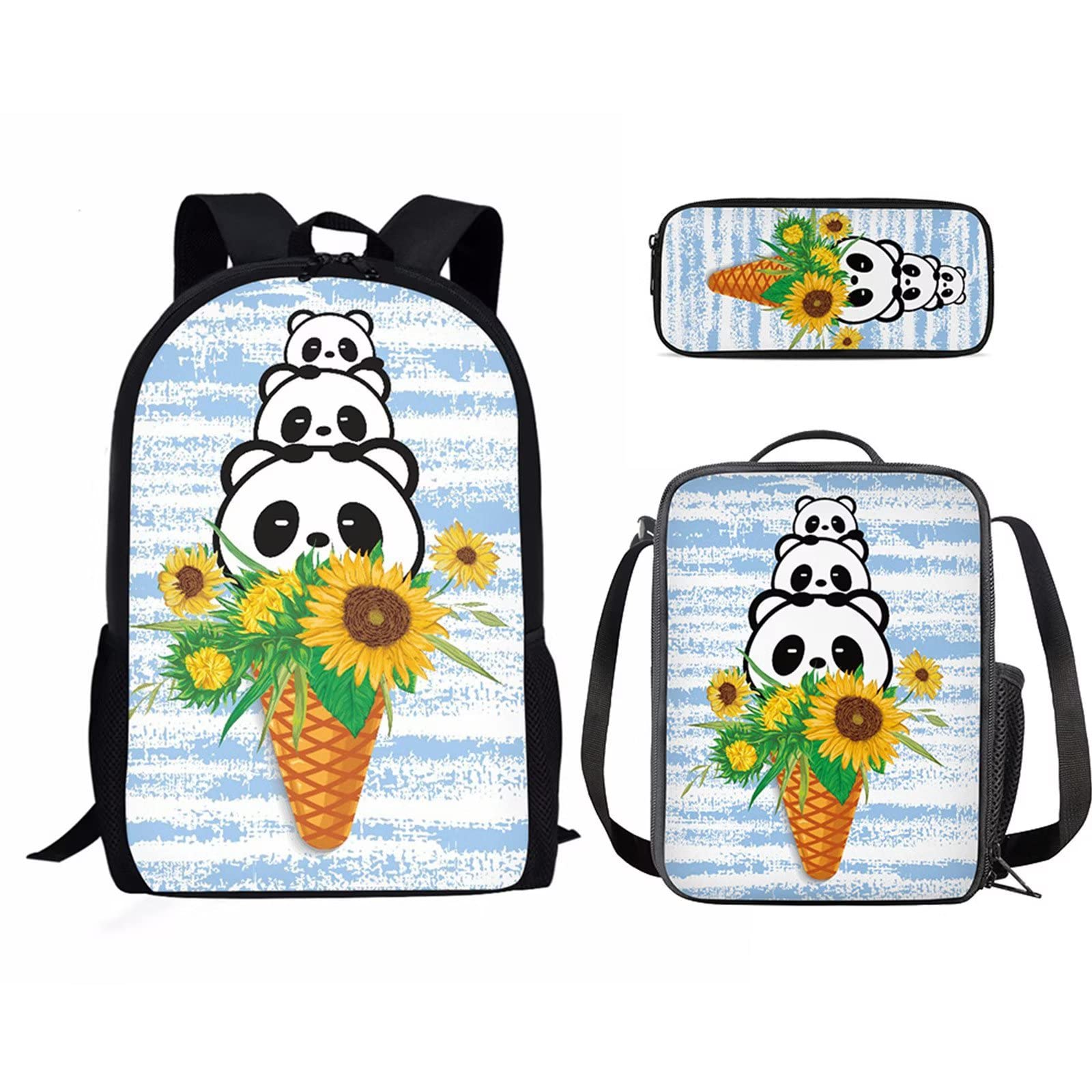 Cute Ice Cream & Panda Print Backpack Set for Teen Girls - 3 Piece School Bag with Lunch Tote & Pencil Case | Perfect for Middle School, Travel & Daily Use
