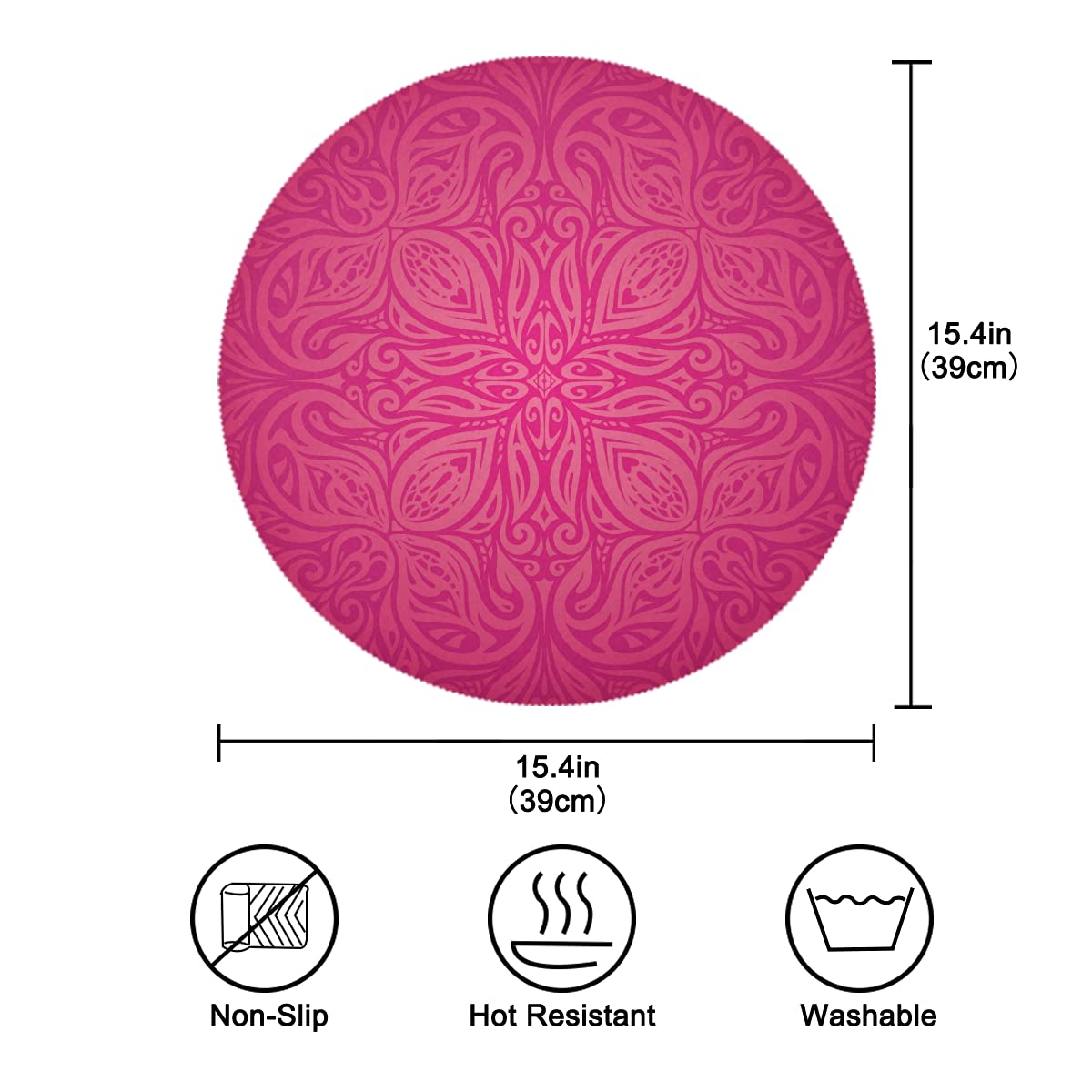 ALAZA Red Floral Hot Pink Mandala Round Placemats - Set of 1 Decorative Dining Table Mat for Kitchen, Home Decor & Holiday Settings | Perfect for Dinner Parties, Festive Gatherings & Everyday Use