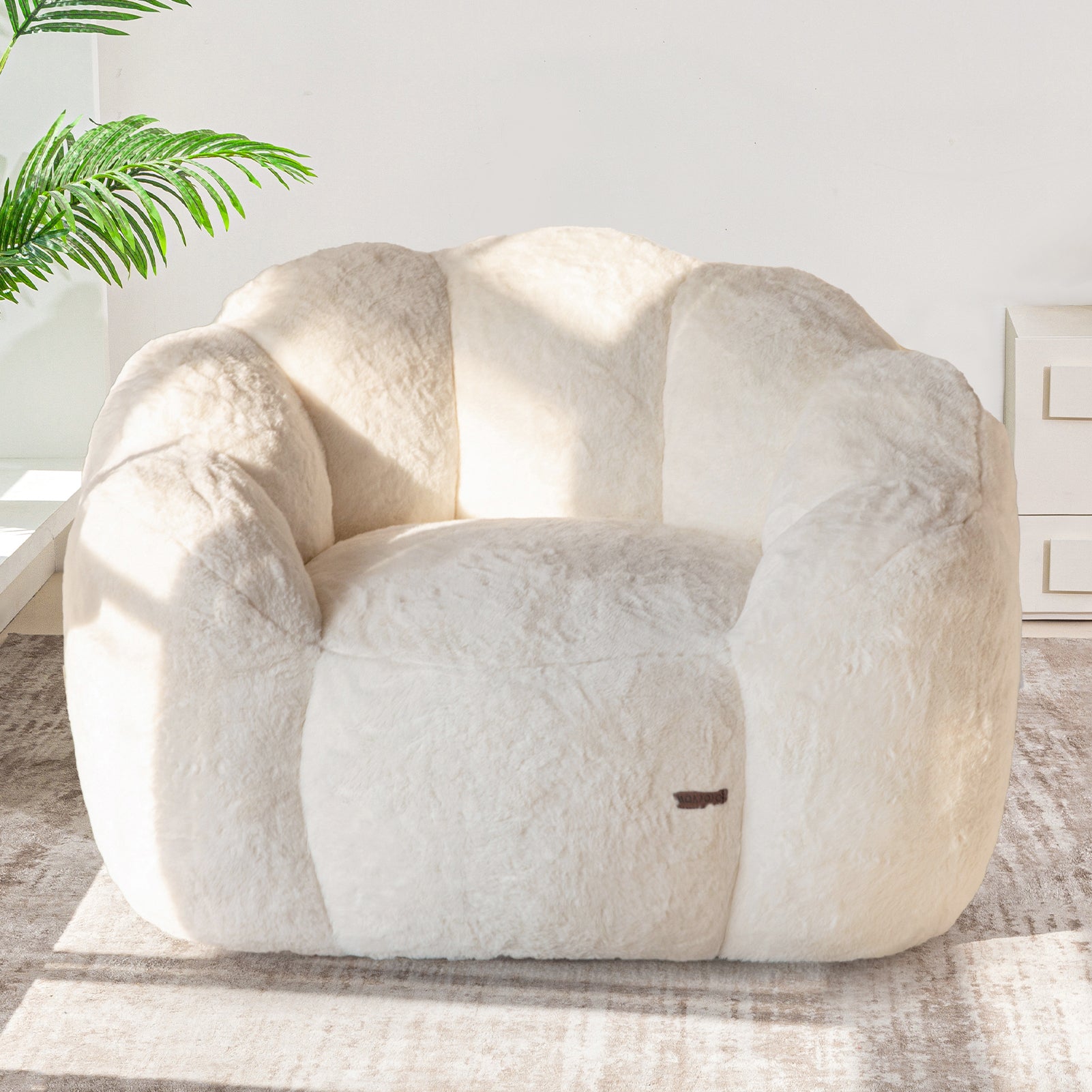 MAXYOYO Floral Bean Bag Chair - Ultra Soft Faux Fur Petal Back Sofa for Adults, Single Size Beige | Cozy Lounge Chair for Living Room, Bedroom & Game Room Relaxation