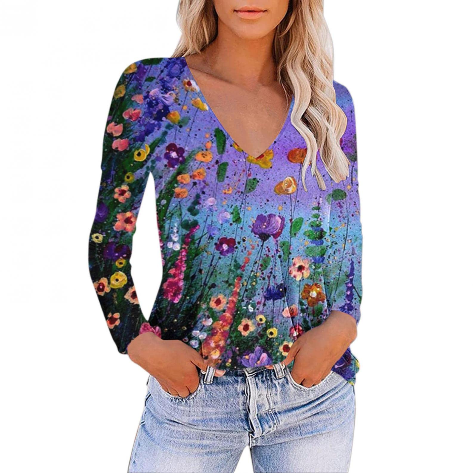 Women's Boho V-Neck 3/4 Sleeve Graphic Tee - Loose Fit Lightweight Vintage T-Shirt for Summer Casual & Dressy Outfits | Perfect for Beach Days, Music Festivals & Boho Chic Style