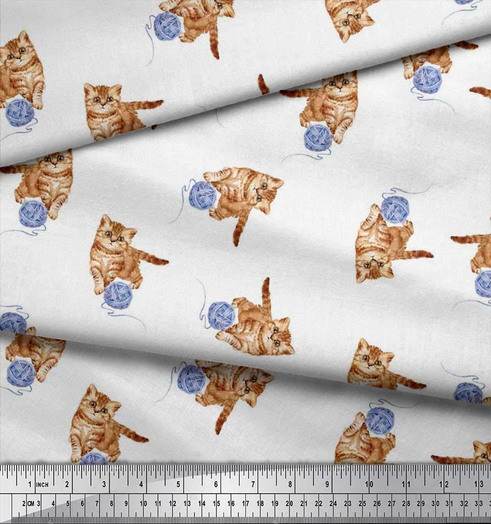 Soimoi 100% Polyester Crepe Fabric - White Cat & Wool Animal Print - 42 Inch Wide by The Yard - Soft, Cozy & Playful Design for DIY Sewing, Clothing, Home Decor & Crafts