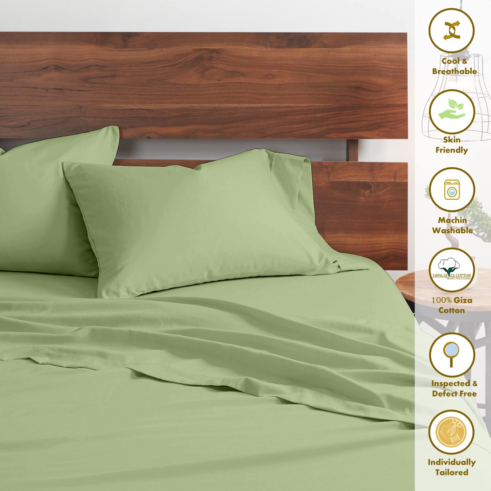 100% Certified Giza Cotton Pillowcase & Sheet Set - RV Short Queen Size, Soft Sateen Weave, Breathable Egyptian Cotton - Fits 18-Inch Deep Pockets - Sage Green - Perfect for RV, Camping & Guest Bedrooms