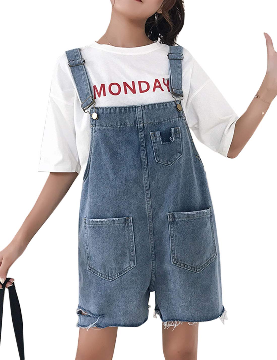 Flygo Women's Juniors Relaxed Fit Raw Hem Ripped Bib Overalls Denim Shortalls - Casual Summer Outfit, Streetwear Fashion, Music Festival Style
