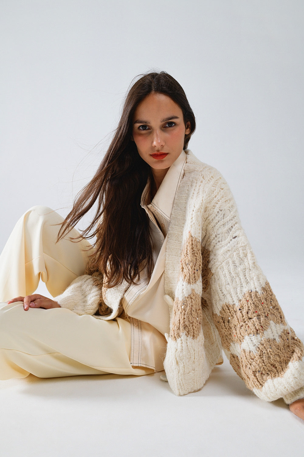 Chunky Knit Striped Cardigan with Glitter Details - Cream - Cozy Winter Wear for Women, Perfect for Casual Outfits & Holiday Parties