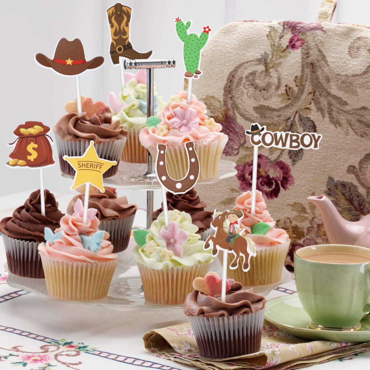 72PCS Western Theme Cupcake Toppers - Cowgirl Party Cake Decorations for Birthday, Baby Shower & Wedding - Reusable Cake Picks for Western Decor, Cowboy Party Supplies